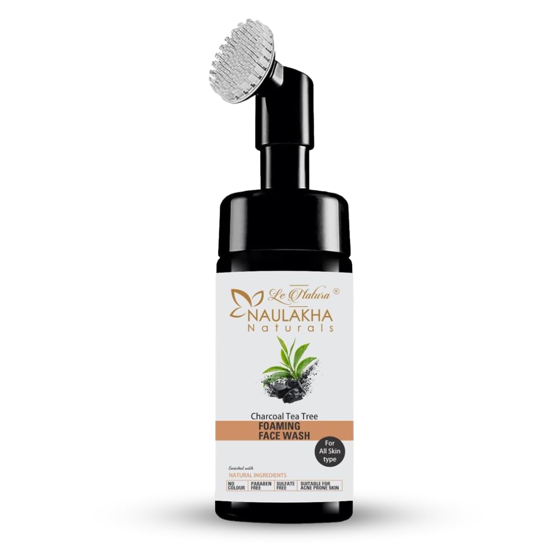 Le Natura Naulakha Naturals Charcoal Tea Tree Foaming Face Wash with Built-In Brush - Anti-Acne, Oil Control Cleanser for Men & Women | Vegan, No Harsh Chemicals | Daily Skincare Routine for Clear, Healthy Skin