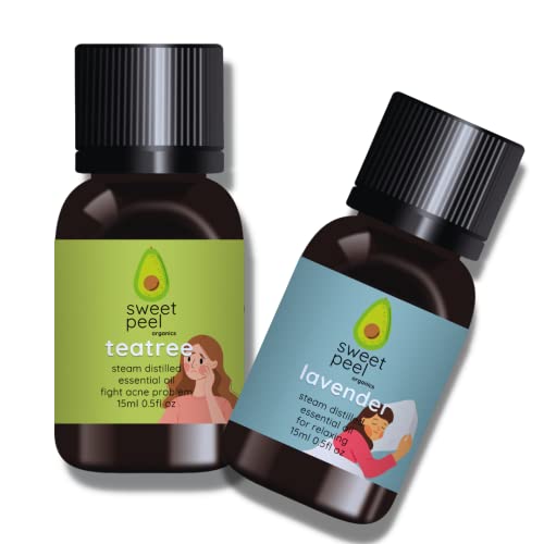 Organic Tea Tree Oil & Lavender Essential Oil Set - 15ml Each | 100% Pure Natural Aromatherapy Oils for Skin Care, Hair Growth & Relaxation | Perfect for Diffusers, Massage & DIY Beauty Products