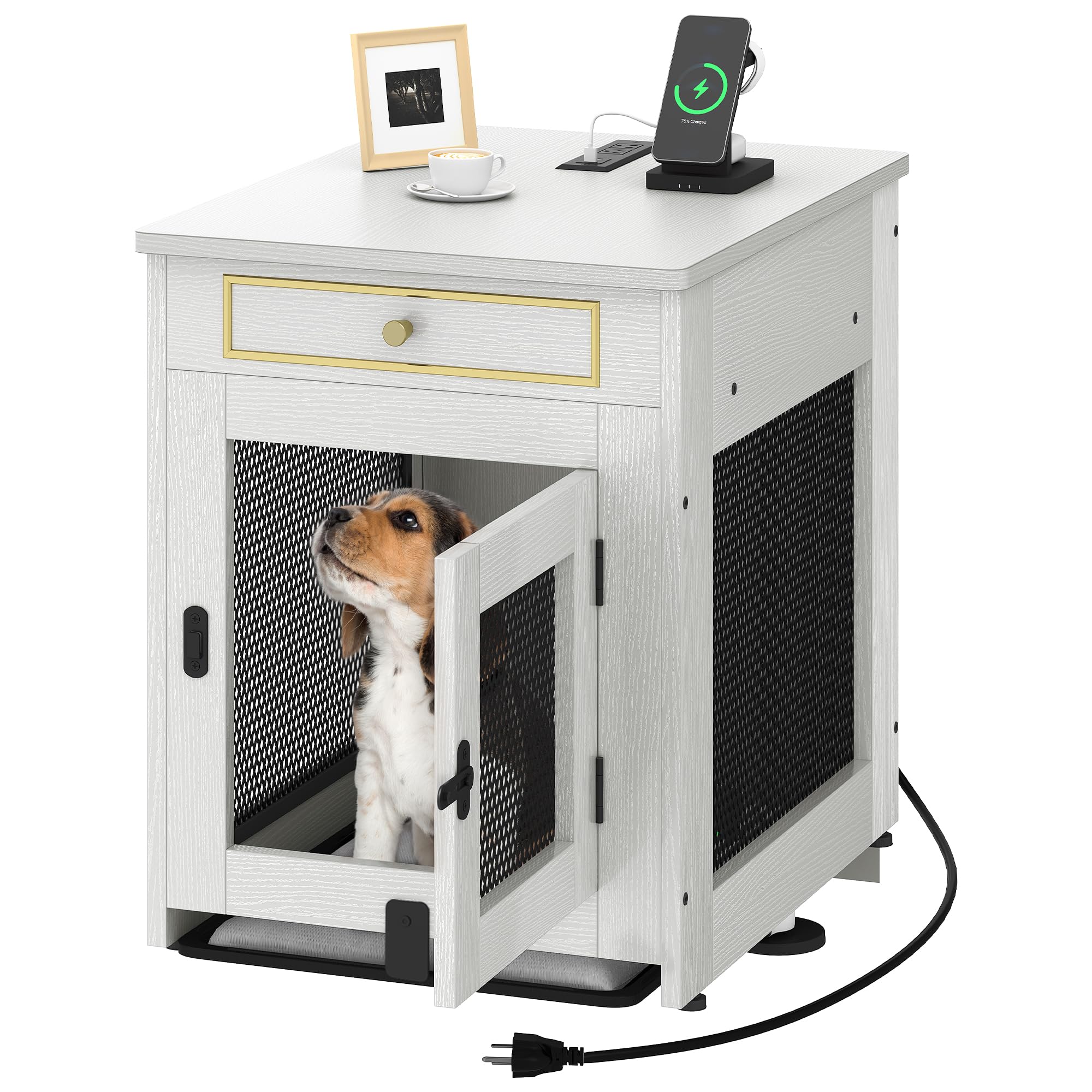 YITAHOME Wooden Dog Crate Furniture - Indoor Pet Kennel with Cushion Tray & Drawer for Small Dogs Under 25 lbs, White End Table with Dual USB Charger - Perfect for Living Room, Bedroom & Home Office Pet Space