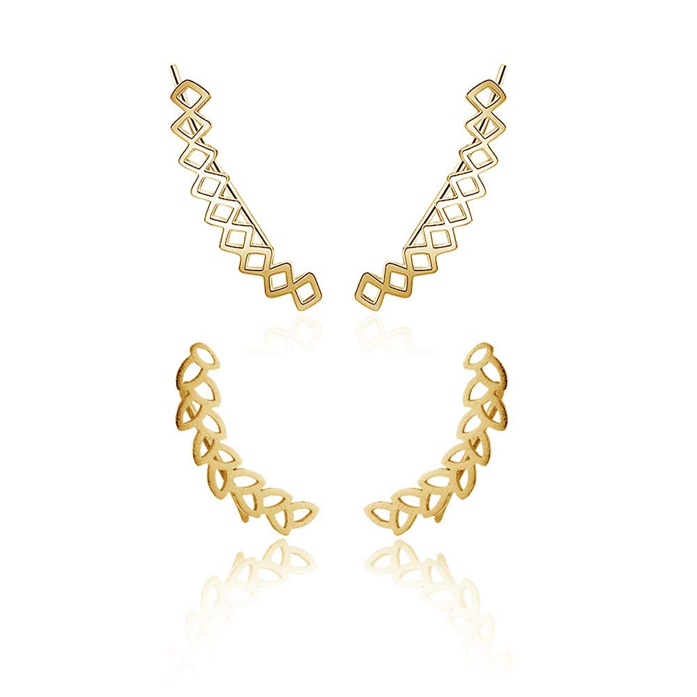 2 Pairs Leaf Rhombus Ear Climber Cuff Set - Geometric Cubic Zirconia Wrap Earrings for Women & Girls - Minimalist Boho Jewelry for Party, Wedding & Everyday Wear