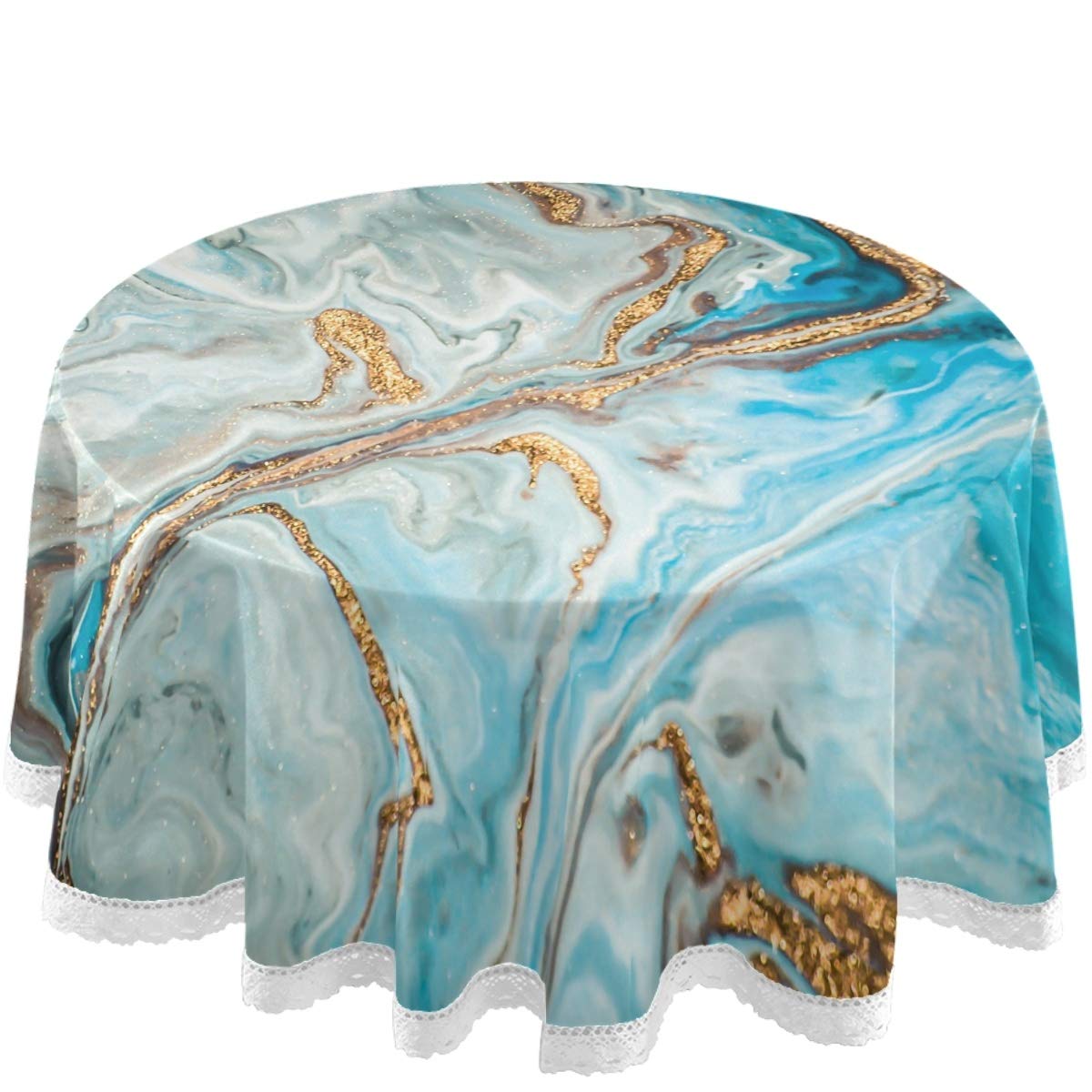 60 Inch Round Waterproof Tablecloth - Imitation Teal Blue Marble & Foil Table Cover for Outdoor Wedding, Party, Dining Room - Durable Table Protector for Indoor & Outdoor Use