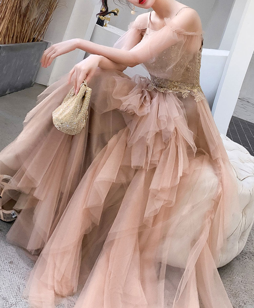Elegant Champagne Tulle Lace Long Prom Dress with Floral Appliques - Formal Evening Gown for Homecoming, Wedding, and Special Occasions