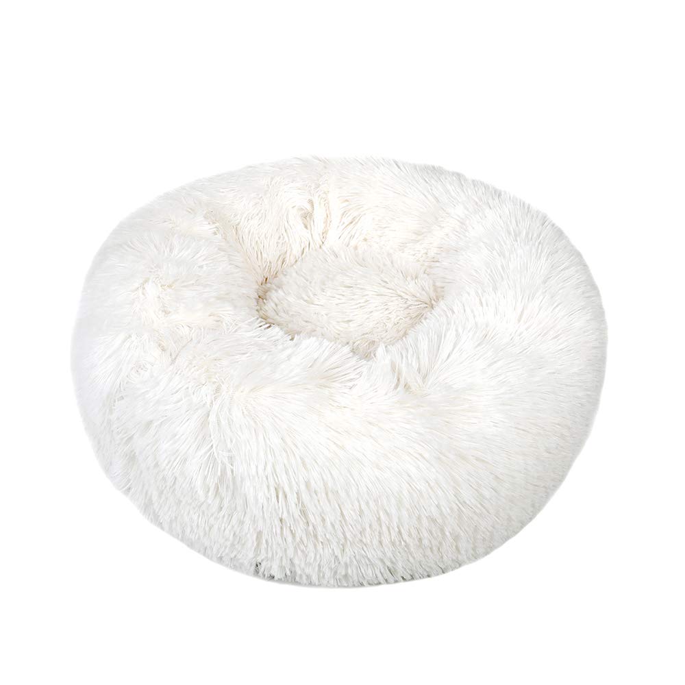 Otoez Round Donut Dog Bed for Small Dogs & Cats - Washable Fluffy Plush Anti-Anxiety Pet Bed with Non-Slip Waterproof Bottom (23.6 Inches, White) - Perfect for Calming Nervous Pets in Living Room or Bedroom