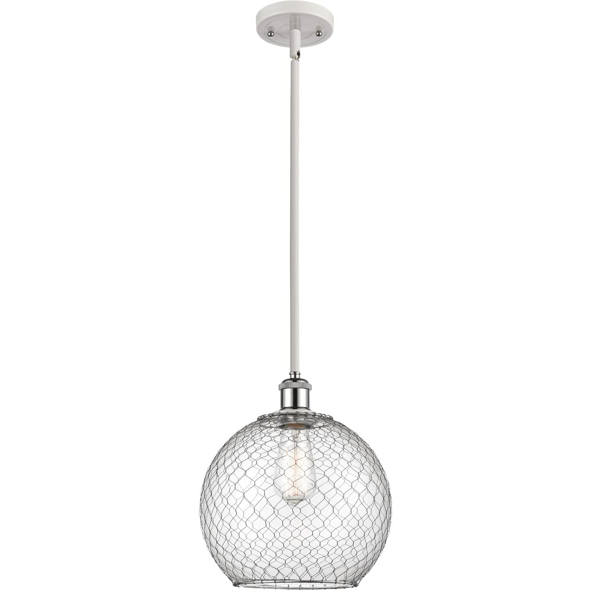Large Farmhouse Chicken Wire 1-Light Pendant Light Fixture - White & Polished Chrome - Ballston Collection - Rustic Kitchen Island Lighting, Dining Room Chandelier, Country Home Decor