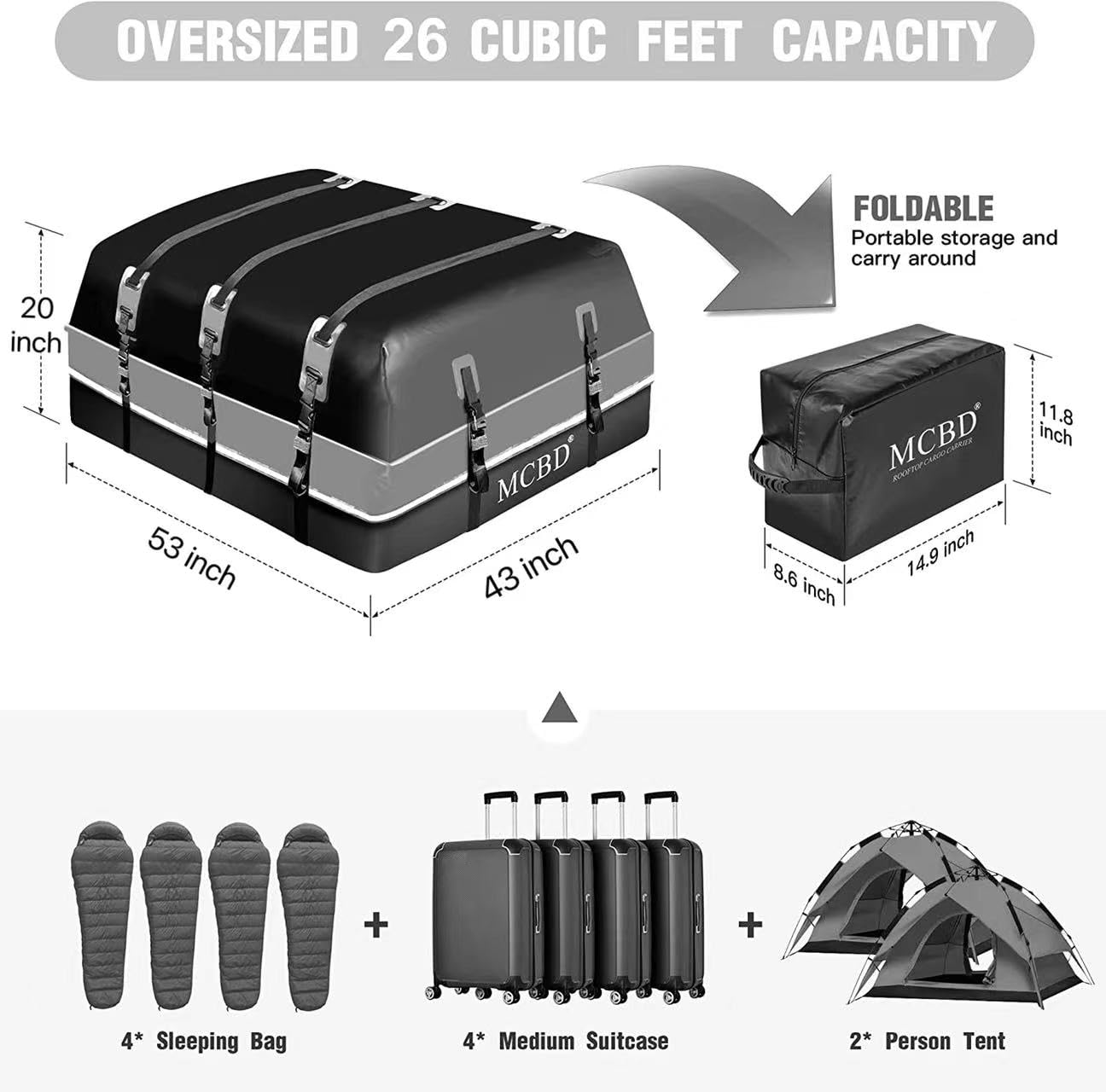 26 Cubic Feet Waterproof Rooftop Cargo Carrier - Universal Soft-Shell Roof Bag for SUVs & Vehicles with/without Rails | Includes 10 Reinforced Straps, 6 Door Hooks, Storage Bag & Anti-Slip Mat | Perfect for Road Trips, Camping Gear & Extra Luggage Storage