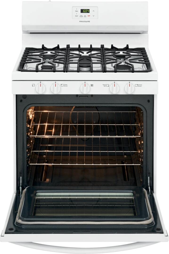 Frigidaire FCRG3052AW 30 Inch Freestanding Gas Range with 5 Sealed Burners, 5 Cubic Feet Oven Capacity in White - Perfect for Home Kitchens, Baking, and Family Cooking