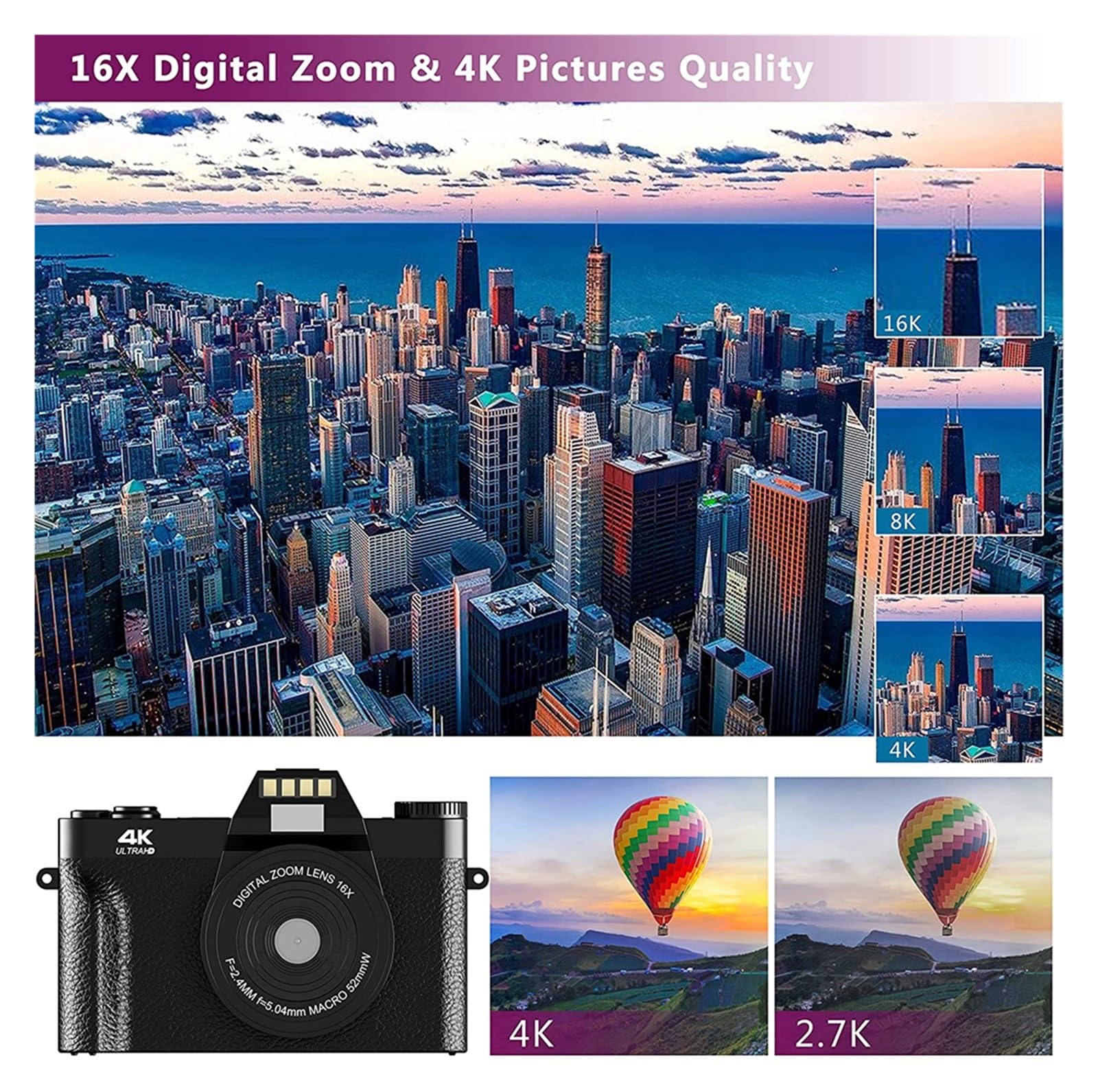 48MP 4K Digital Camera with Auto Focus & Wide Angle - Beginner Friendly Vlogging Camera for YouTube, Travel & Selfies - Includes 128GB TF Card (Silver) - Perfect for Content Creators, Travel Vlogging & Everyday Photography