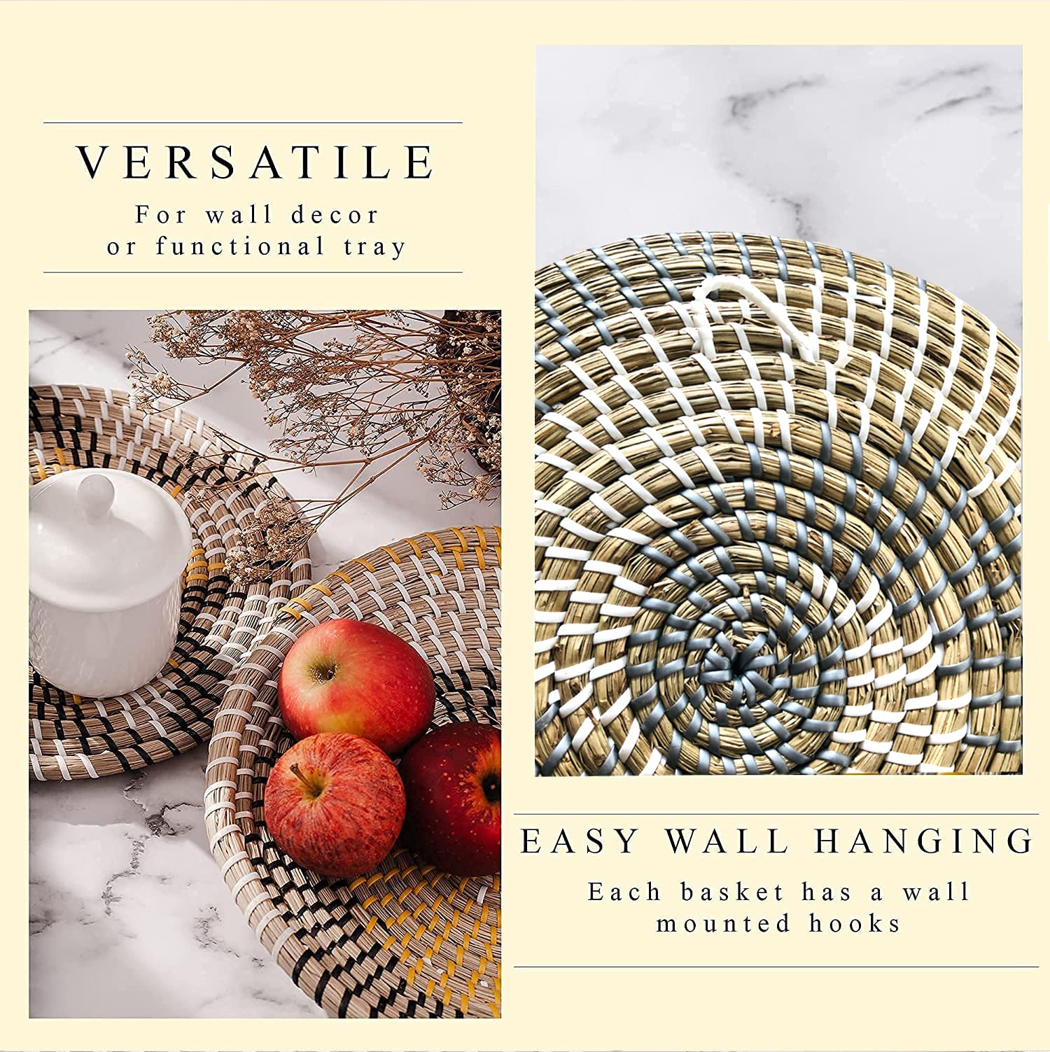 Handmade Boho Rattan Wall Decor Set of 10 - Woven Wicker Baskets, Wall Art & Tray for Boho Chic Home Decor | Perfect for Living Room, Bedroom & Nursery Wall Accents