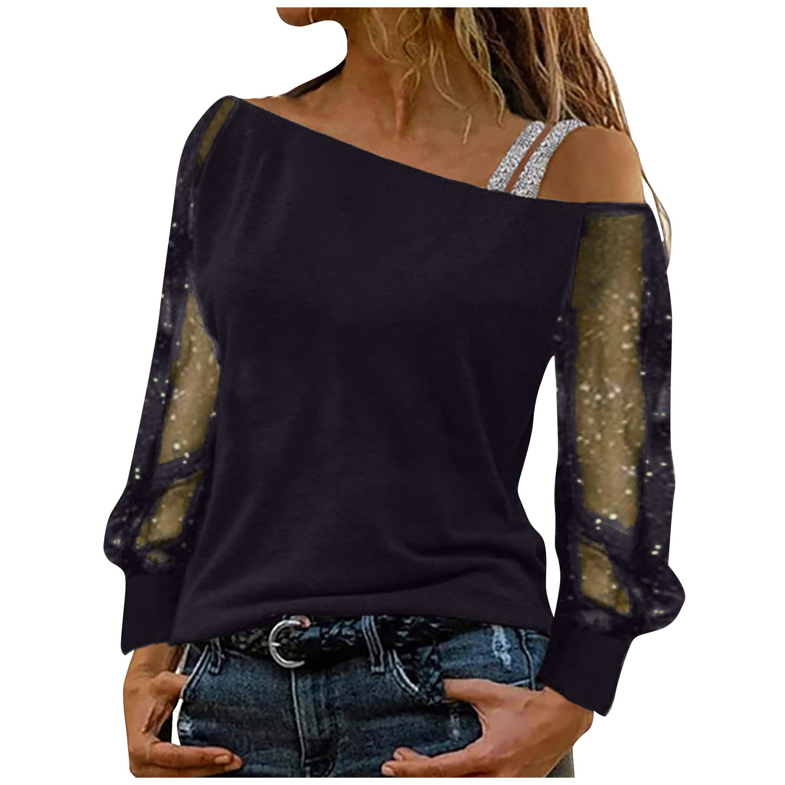 ZEFOTIM Women's Plus Size Graphic Print Long Sleeve Casual T-Shirt - Single Shoulder Blouse for Spring Fashion, Streetwear & Everyday Outfits