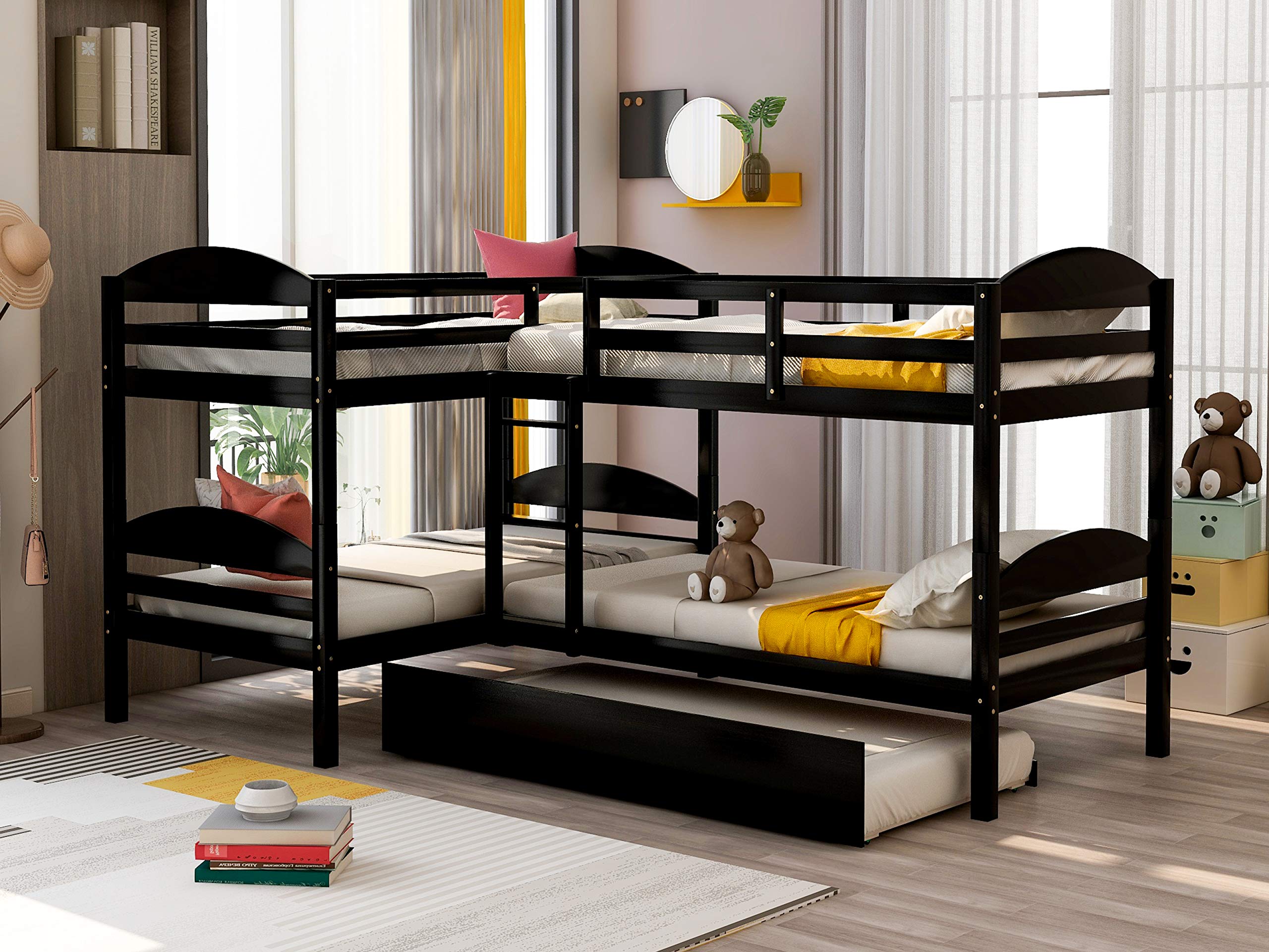KLMM Solid Wood L-Shaped Bunk Bed with Trundle - Twin Size Bunk Bed Frame with Guardrail & Ladders for Kids & Adults (Espresso) - Space-Saving 5-Person Sleeper for Small Rooms, Guest Rooms & Vacation Homes