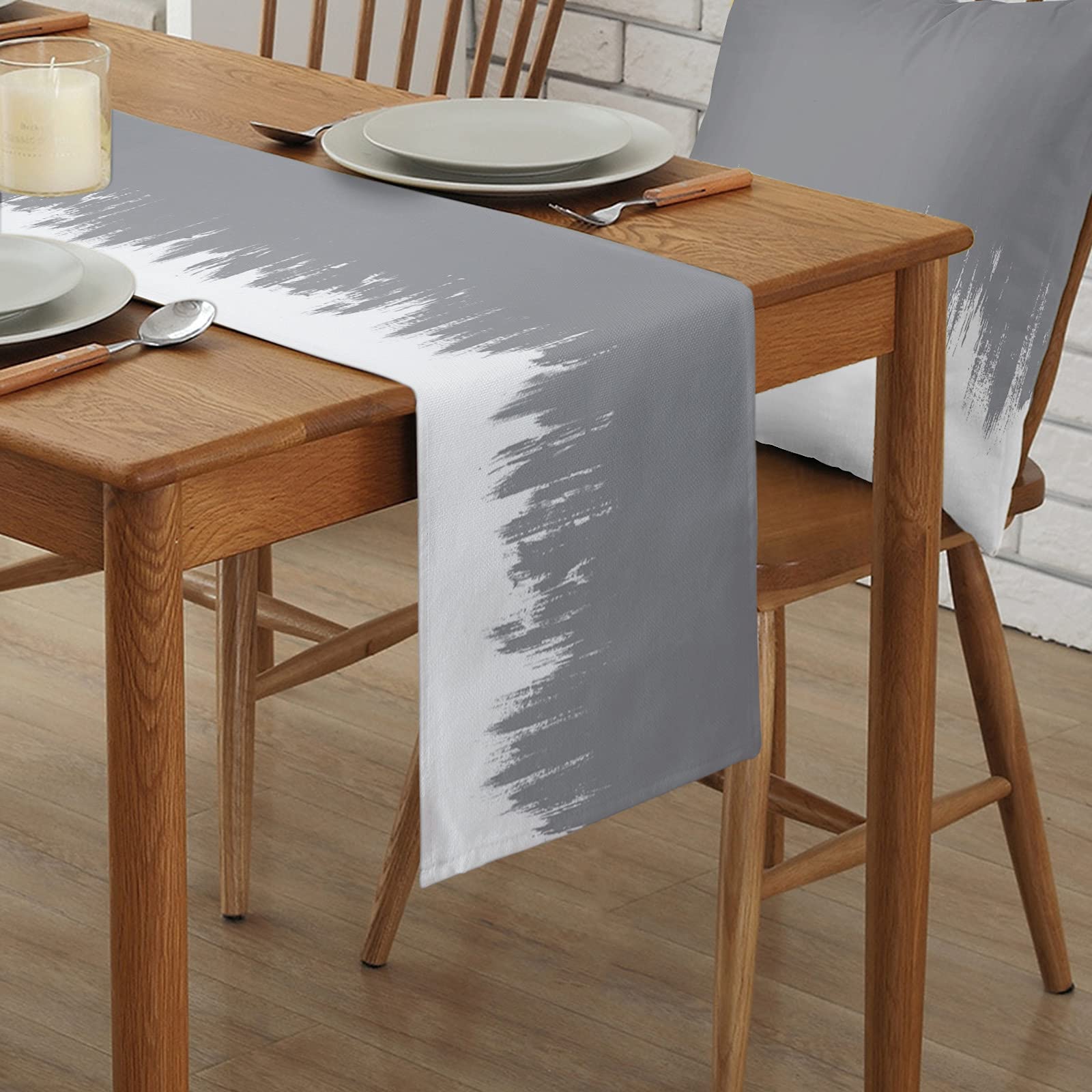 Abstract Grey White Art Table Runner 120 Inches Long - Cotton Linen Table Decor for Dining, Coffee, Party & Wedding - Perfect for Farmhouse, Rustic and Modern Home Decor