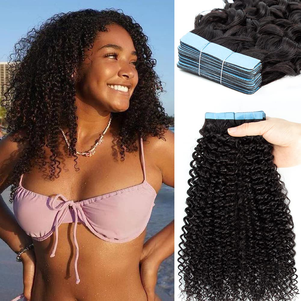 Urbeauty 40 Pcs Human Hair Tape in Extensions for Black Women - Seamless Kinky Curly Hair Extensions with Invisible Tape for Semi-Permanent Wear | Perfect for Natural Hair Styling, Volume Boost & Protective Hairstyles