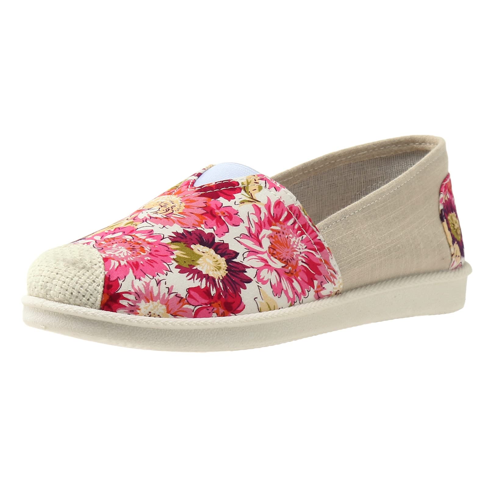 Women's Slip-On Walking Sneakers - Floral Cartoon Print Flat Shoes with Soft Linen Fabric & Non-Slip Beef Tendon Sole | Comfortable Casual Shoes for Walking, Travel & Daily Wear