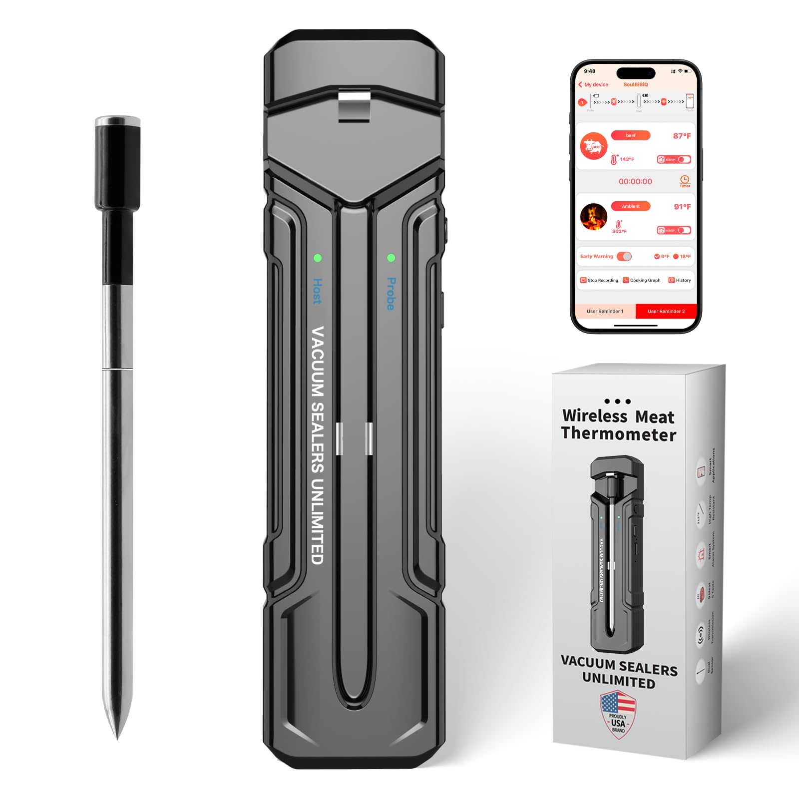 Smart Bluetooth Meat Thermometer - Wireless Digital Food Thermometer for Grilling, Smoking, BBQ, Oven Cooking with 500ft Remote Monitoring & Temperature Alerts | Perfect for Steak, Turkey, Chicken & More