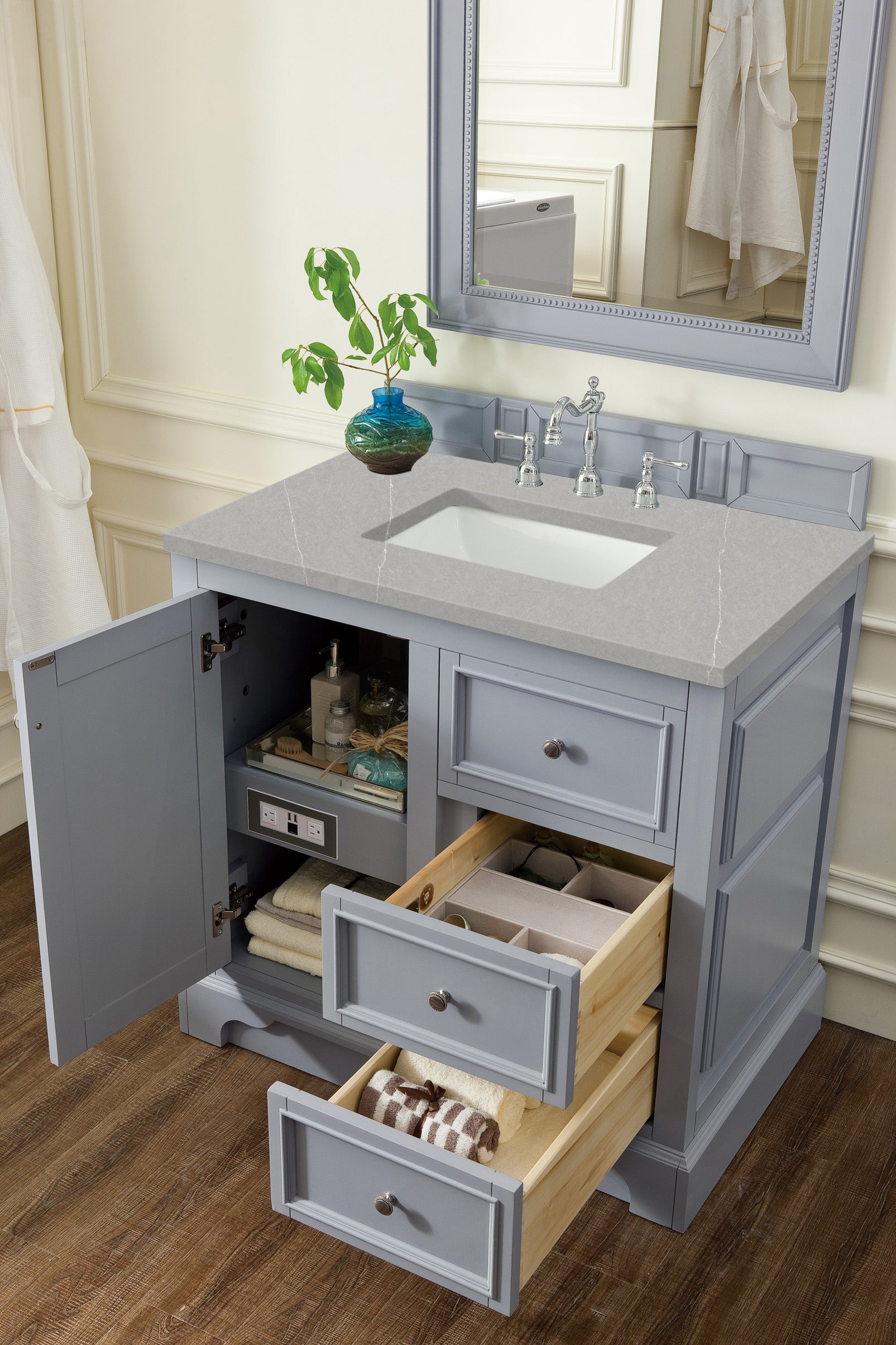 De Soto 36 Inch Single Bathroom Vanity with 3CM Eternal Serena Quartz Top in Silver Gray - Perfect for Modern Bathroom Renovations & Small Space Designs