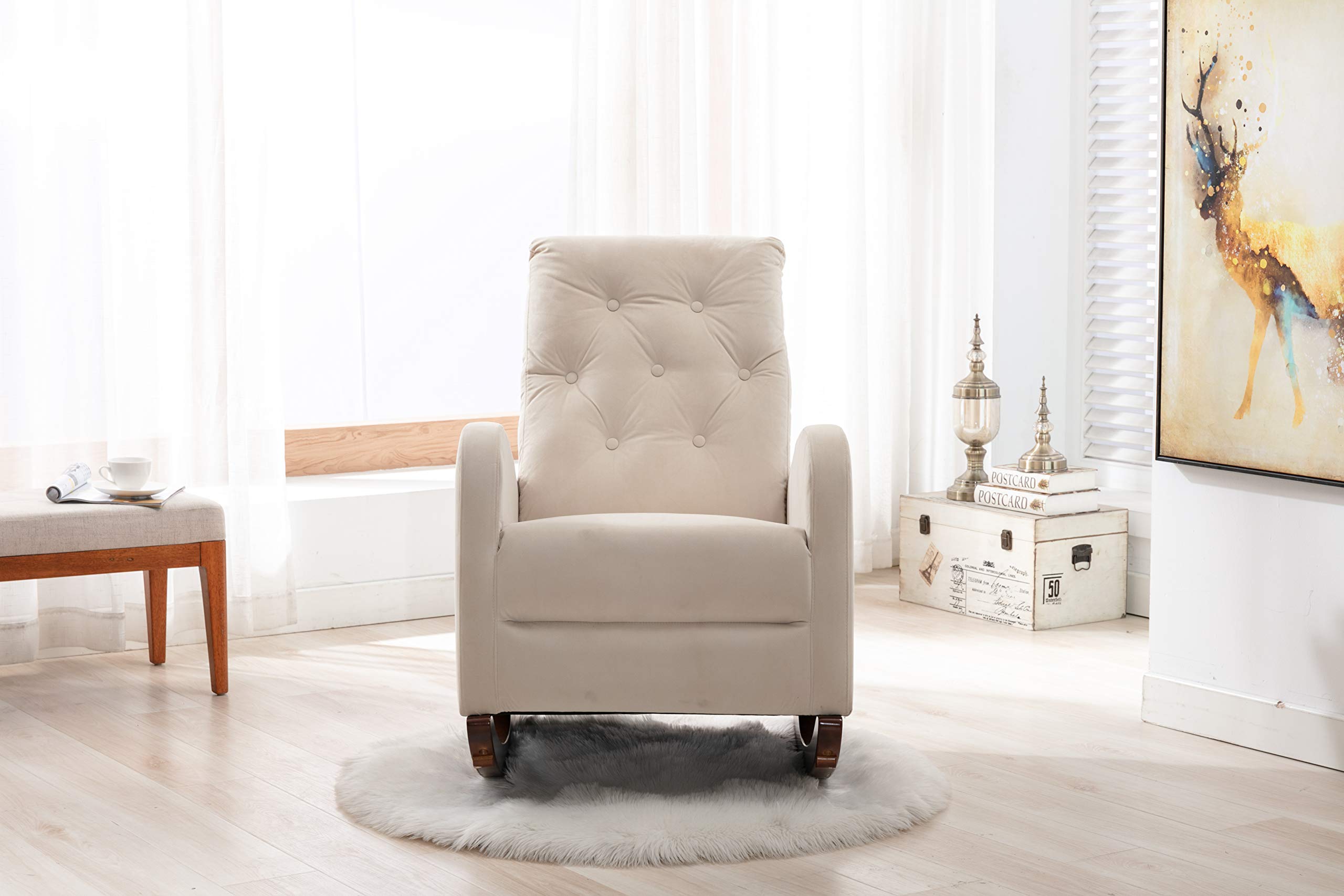 HomVent Baby Nursery Rocking Chair - High Back Comfortable Rocker with Padded Seat, Modern Armchair for Breastfeeding & Relaxing (Beige) | Perfect for Nurseries, Bedrooms & Living Rooms