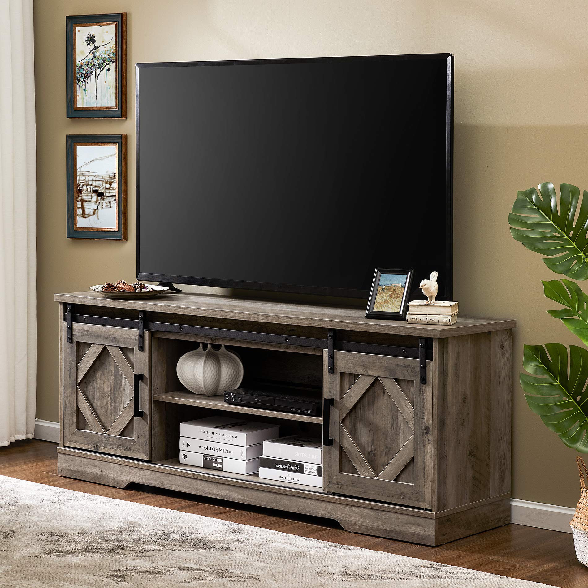 WAMPAT 65 Inch Farmhouse Sliding Barn Door TV Stand with Adjustable Shelves - Modern Wood Media Console Cabinet for Living Room, Bedroom - Wash Grey Finish - Perfect for Home Entertainment & Storage