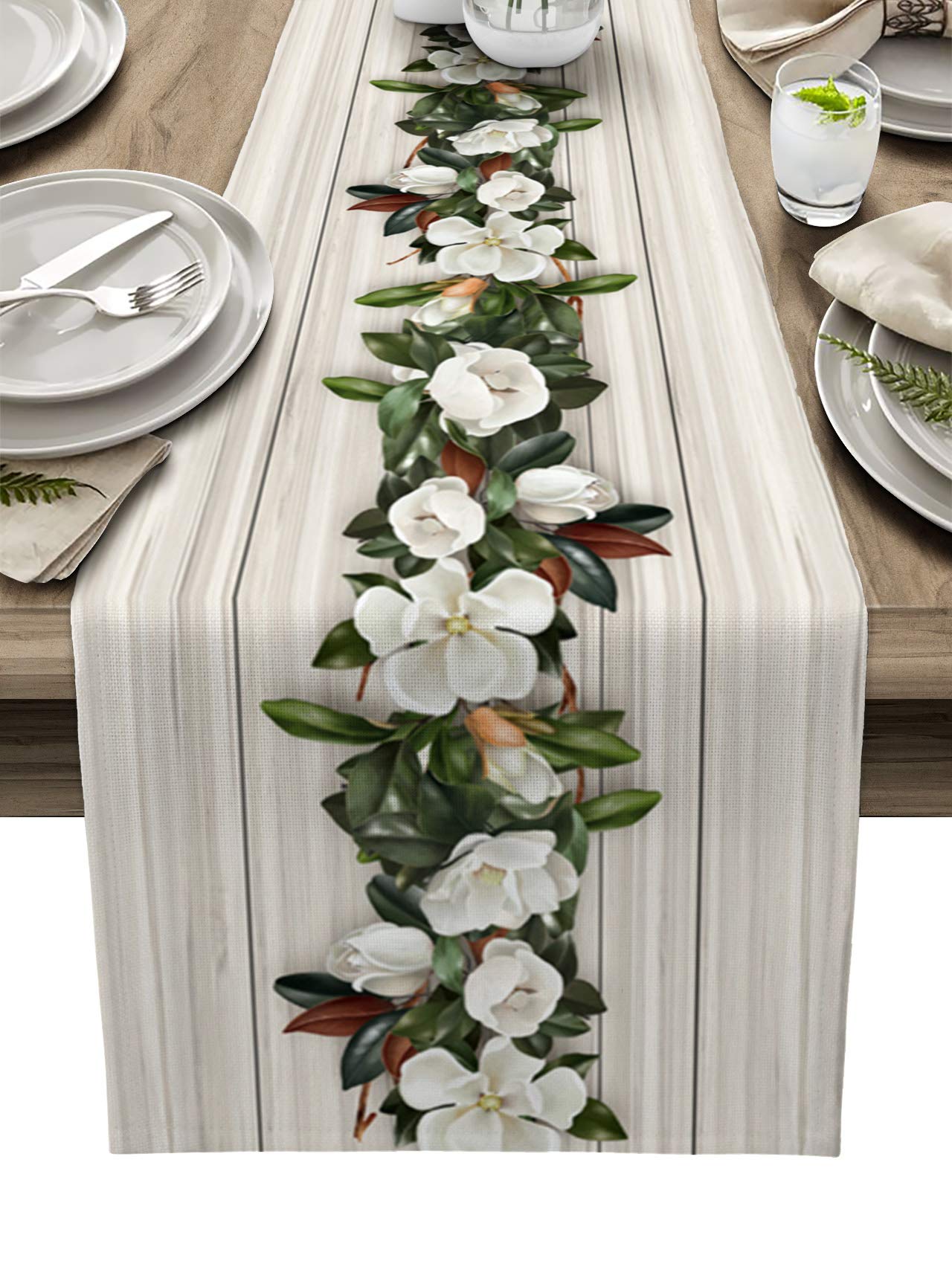 Floral Burlap Linen Table Runner 13x108 Inch - Rustic Magnolia Flower Wood Grain Design for Kitchen, Dining Table Decor | Perfect for Weddings, Bridal Showers & Daily Home Decor