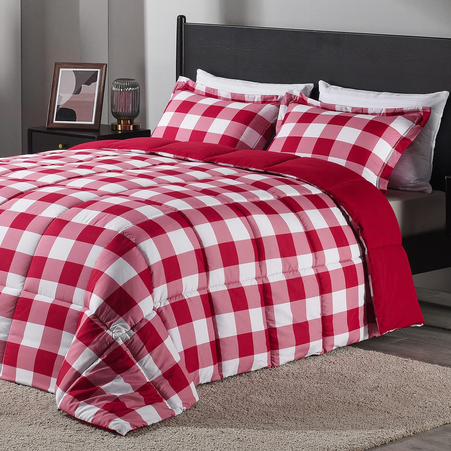 Downluxe Lightweight Plaid Comforter Set King Size - 3-Piece Reversible Down Alternative Bedding with 2 Pillow Shams - Red & White Checkered Pattern - Cozy All-Season Comfort for Master Bedroom or Guest Room
