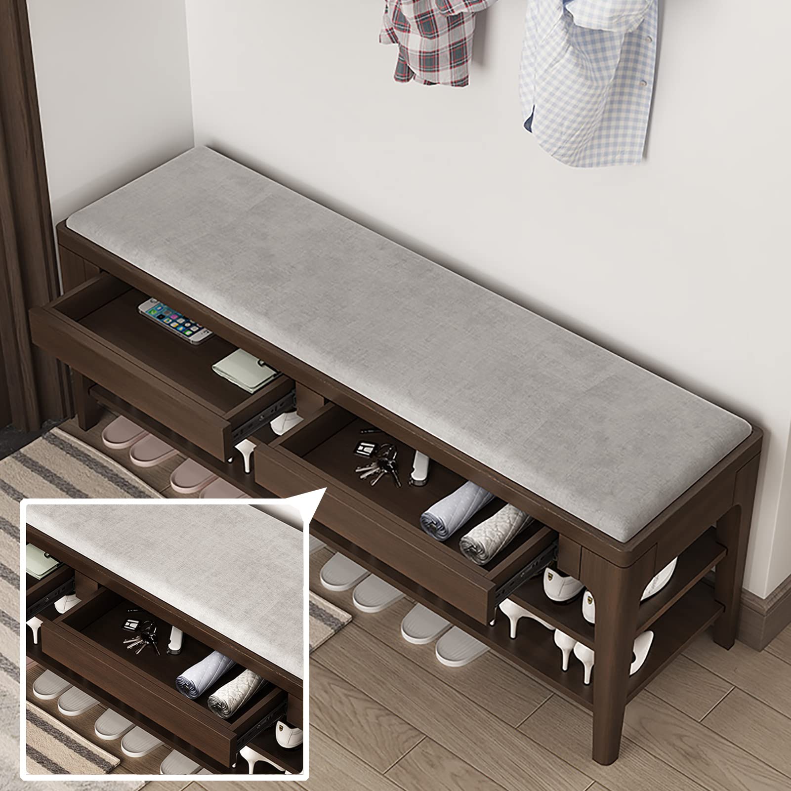 Solid Wood Entryway Shoe Bench with Drawer - Upholstered Storage Organizer with Cotton Linen Cushion, 2-Tier Dark Walnut (100x35x45cm) - Perfect for Hallway, Mudroom & Small Space Organization