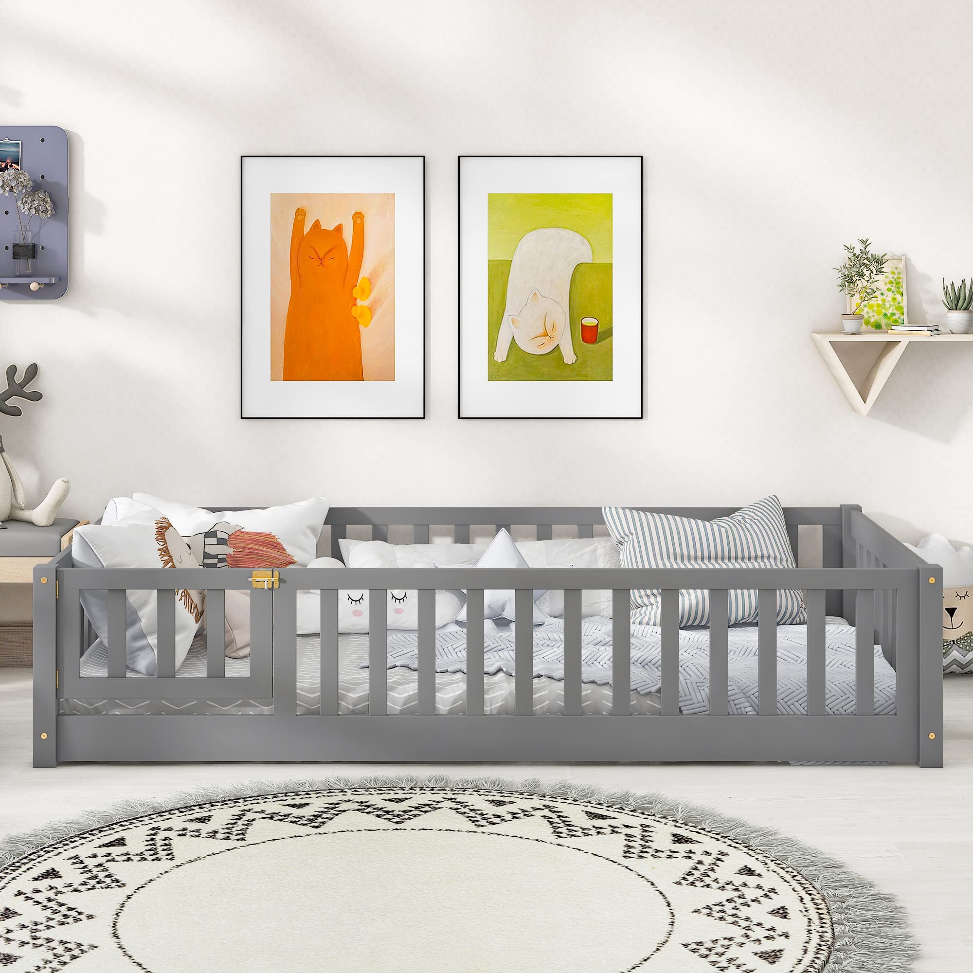 Twin Size Floor Platform Bed with Safety Fence - Wooden Playpen Bed for Kids & Toddlers - No Box Spring Needed - Grey - Perfect for Nursery, Daycare or Kids' Bedroom Safety
