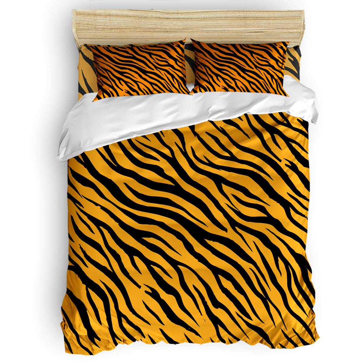 Millxiu 4-Piece Luxury Tiger Stripe Duvet Cover Set - Full Size Bedding with 1 Duvet Cover, 1 Fitted Sheet & 2 Pillowcases - Soft Animal Print Design for Kids, Teens & Adults (Yellow/Black) - Perfect for Bedrooms, Dorms & Guest Rooms