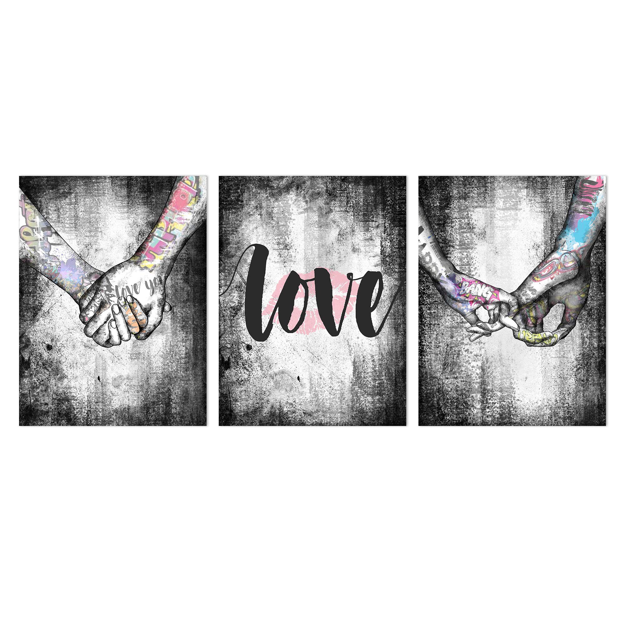 AMEMNY Black and White Wall Art - Love Hand in Hand Graffiti Painting Canvas Print, Modern Pop Art Poster for Bedroom & Living Room Decor - Framed Ready to Hang - Perfect for Couples' Home & Romantic Gift Ideas