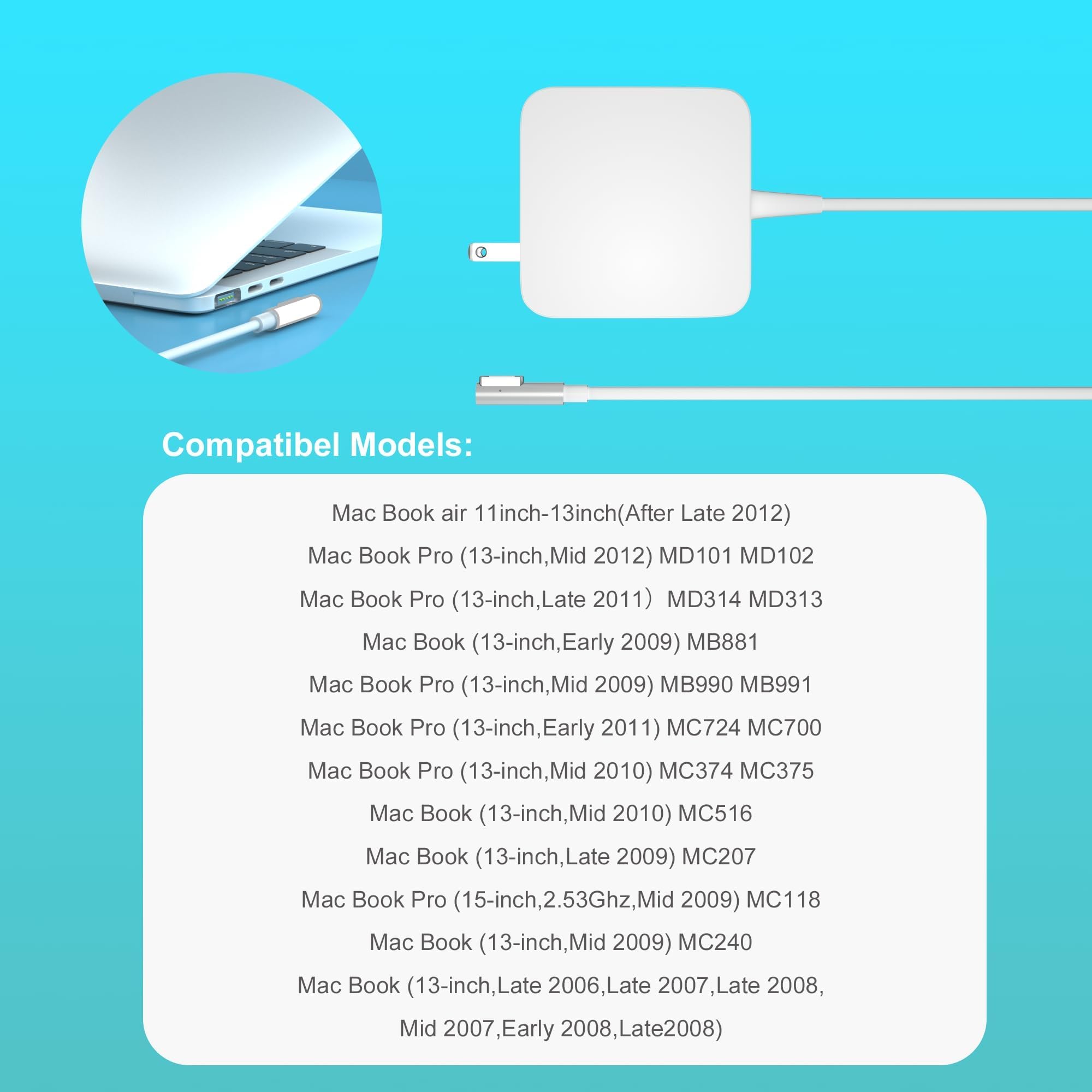 Original MacBook Pro Charger 60W - Replacement Power Adapter for 13-inch MacBook Pro (Mid 2012 & Earlier) & MacBook Air (2011 & Earlier) with L-Tip Connector - Perfect for Home, Office & Travel Use