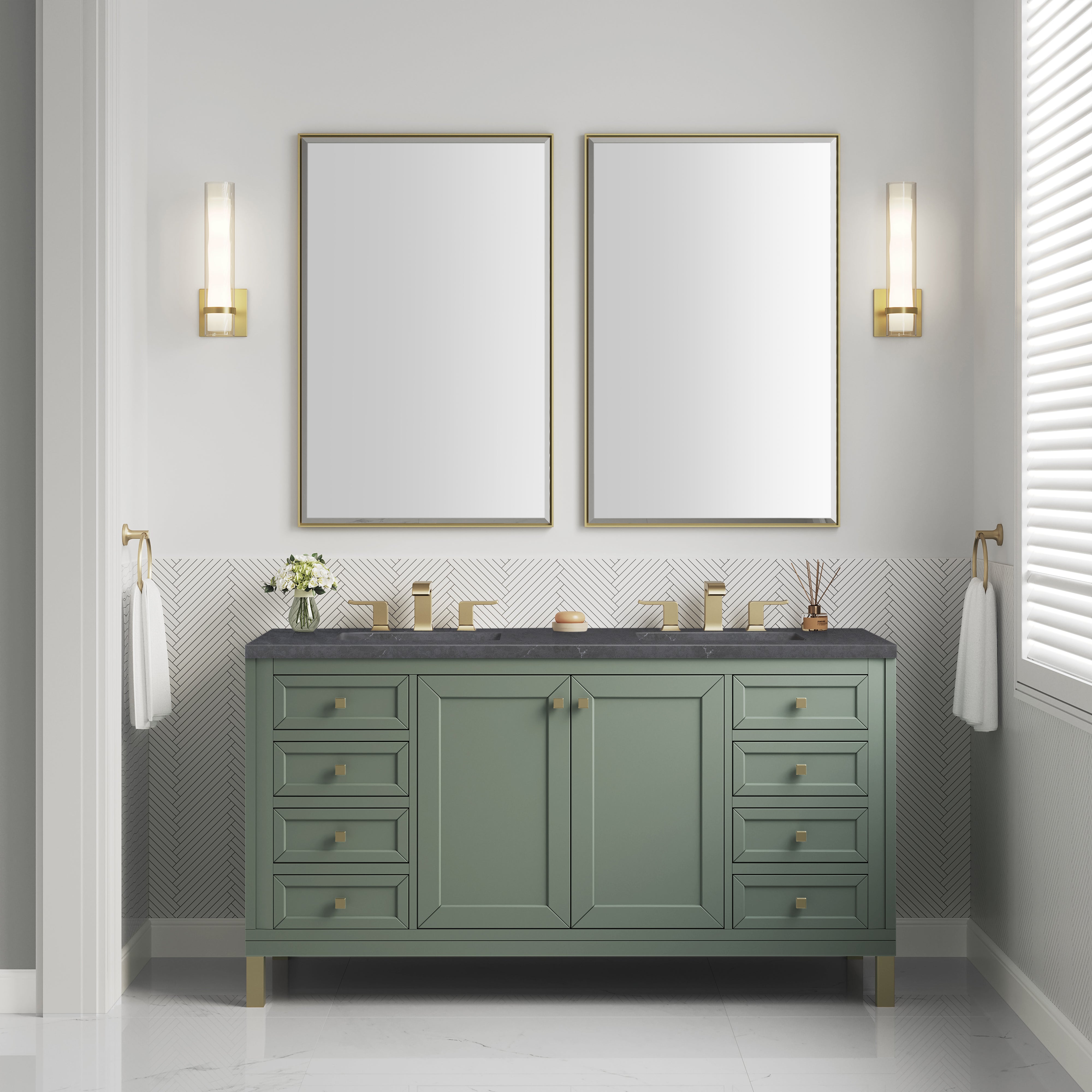 Chicago 60-Inch Double Vanity Sink with Smokey Celadon Base & 3CM Charcoal Soapstone Countertop - Perfect for Master Bathroom Renovation and Luxury Home Upgrade