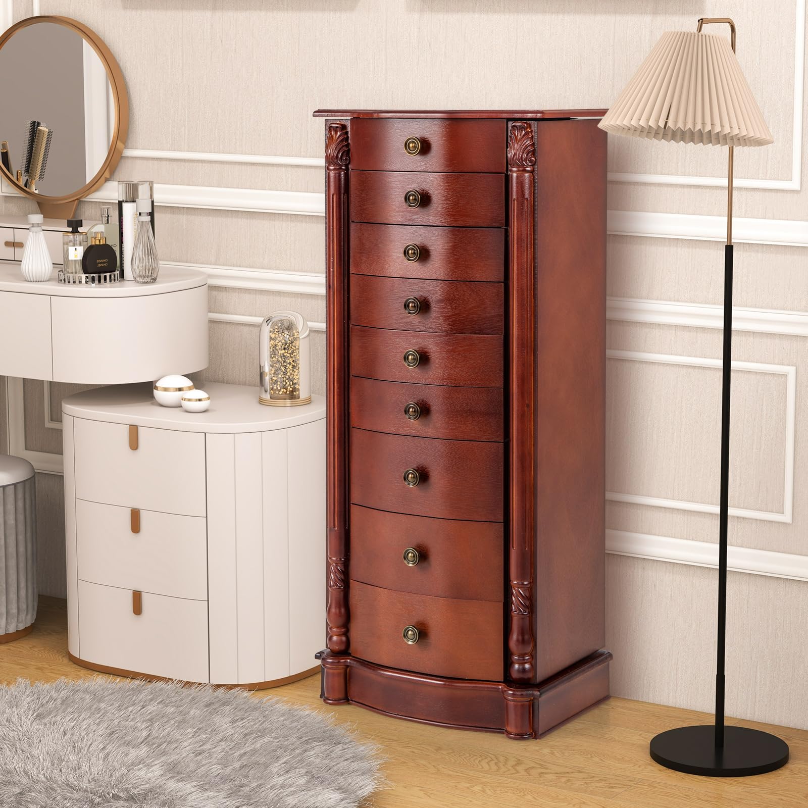 Giantex Large Jewelry Armoire Cabinet with 8 Drawers, 2 Doors & 16 Hooks - Dark Walnut Standing Mirror Storage Chest for Necklaces, Rings & Accessories | Perfect for Bedroom, Closet & Dressing Room Organization