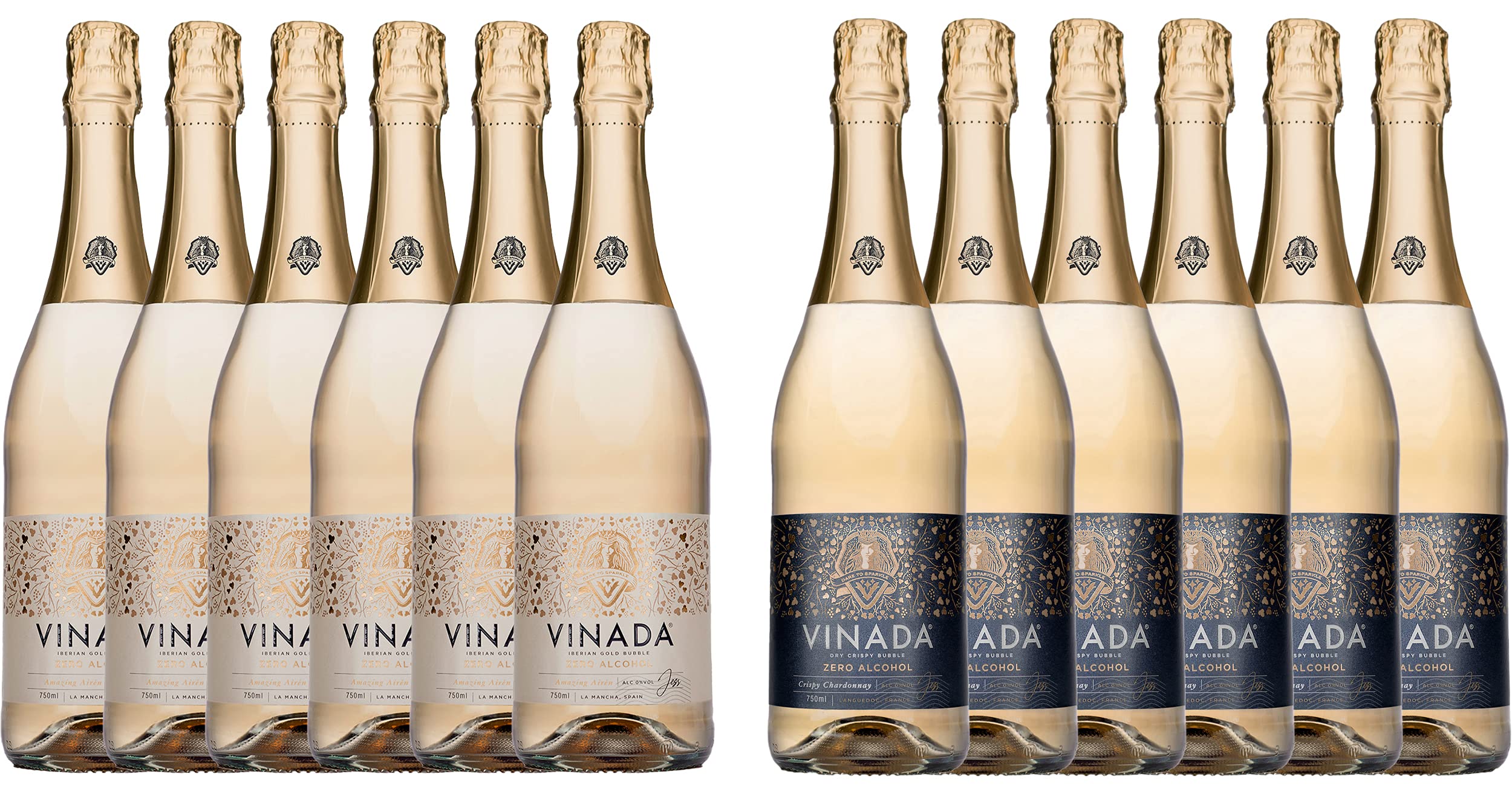 VINADA Sparkling Gold & Crispy Chardonnay Non-Alcoholic Wine Variety Pack - 0% Alcohol - 12 x 750mL Glass Bottles - Perfect for Parties, Celebrations & Sober Lifestyle