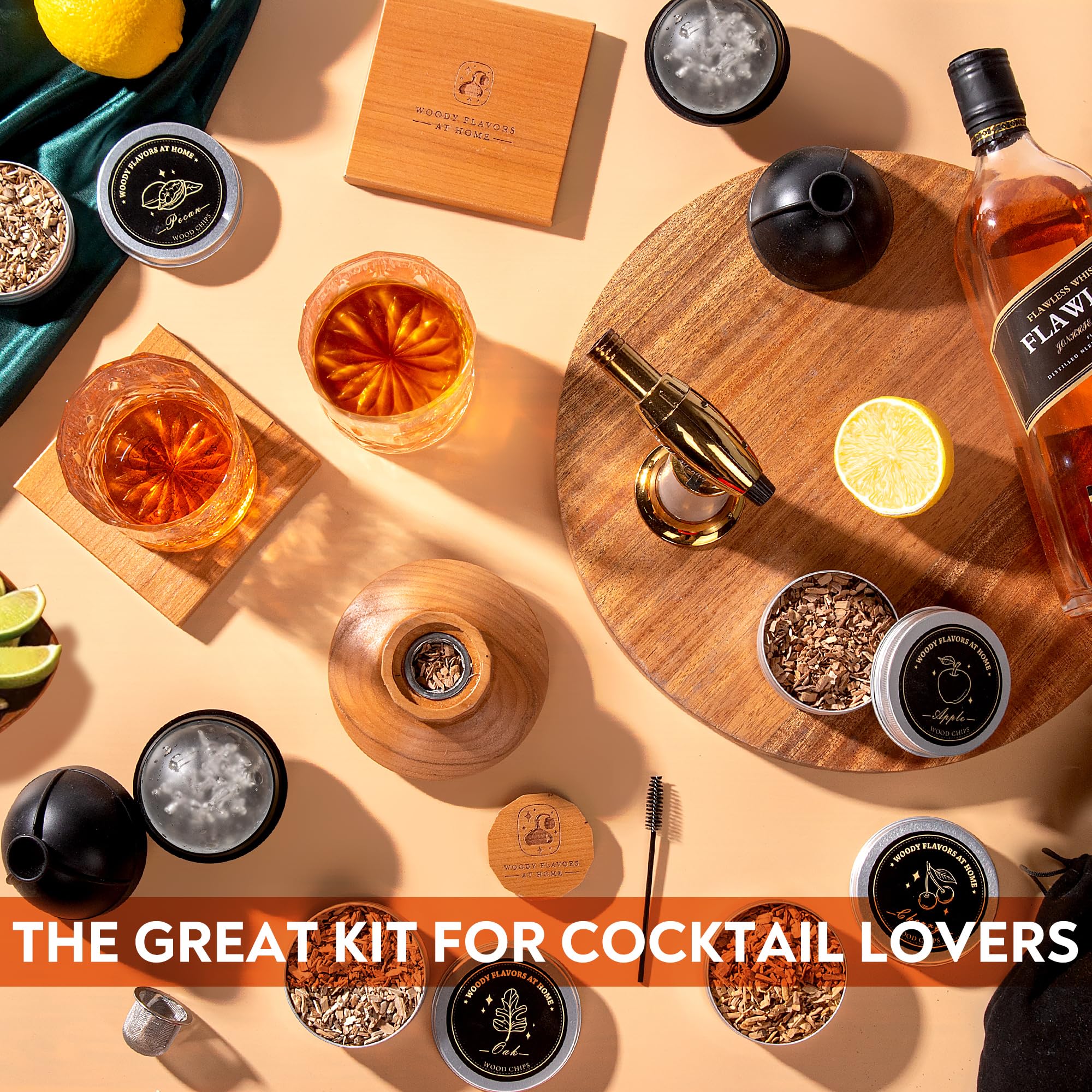 Premium Old Fashioned Cocktail Smoker Kit - Whiskey & Bourbon Smoking Set with Cherry Wood Chips, Culinary Torch, Ice Spheres, 2 Coasters & 2 Glasses - Perfect for Home Bars, Cocktail Parties & Gift Giving