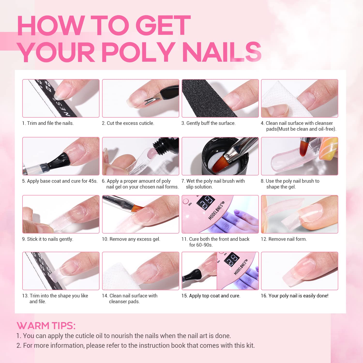 Modelones Poly Nail Gel Kit - 6 Colors Poly Extension Gel (Clear, Pink, White) with 48W UV/LED Lamp, 3D Nail Charms, Builder Slip Solution - Complete Nail Manicure & Pedicure Supplies for Beginners - Perfect for Home Salon, DIY Nail Art & Professional Nail Extensions
