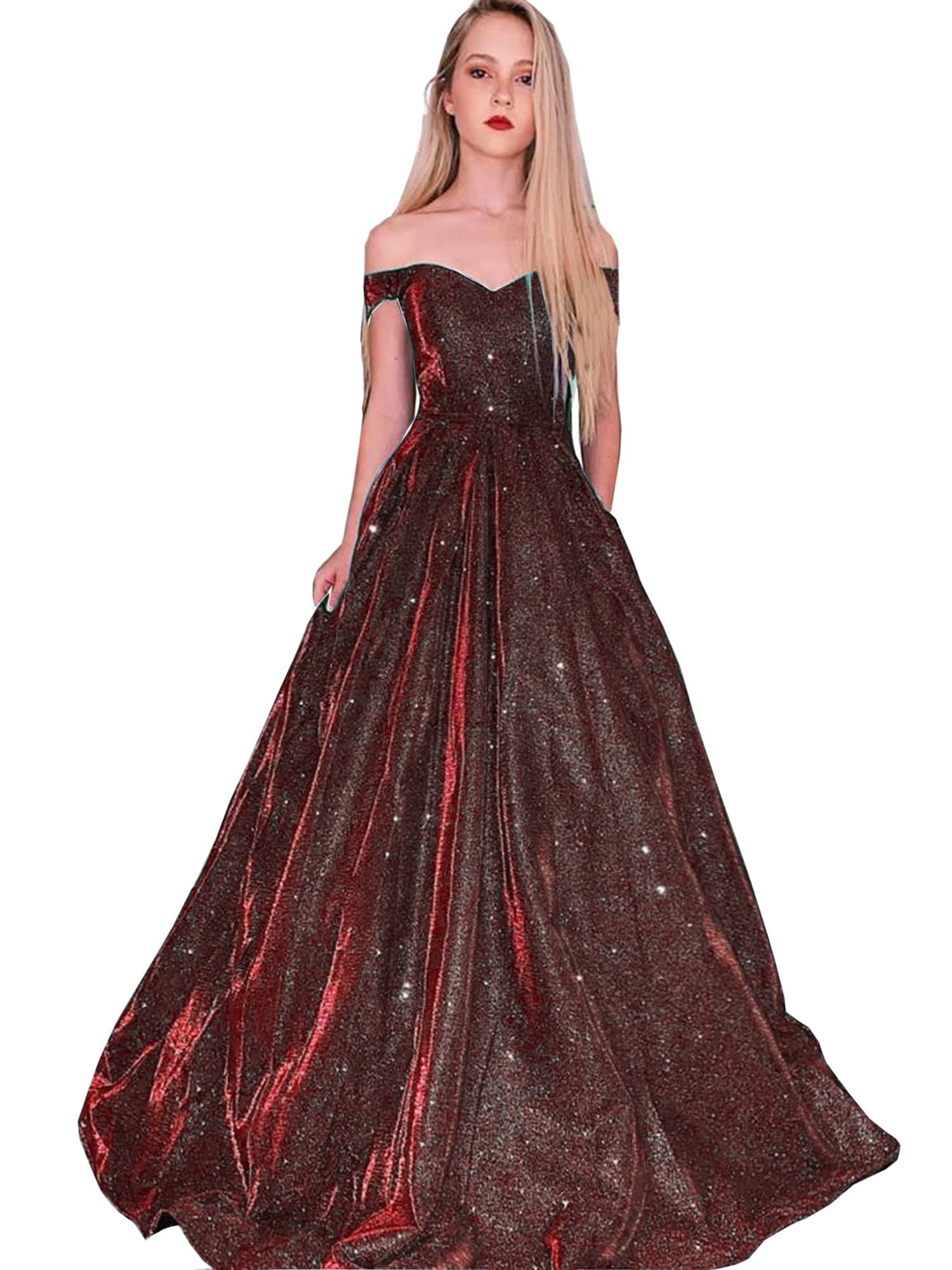 Elegant Off-the-Shoulder Glitter Prom Dress for Women - Formal Evening Gown with Pockets | Perfect for Homecoming, Wedding Guest & Party Occasions