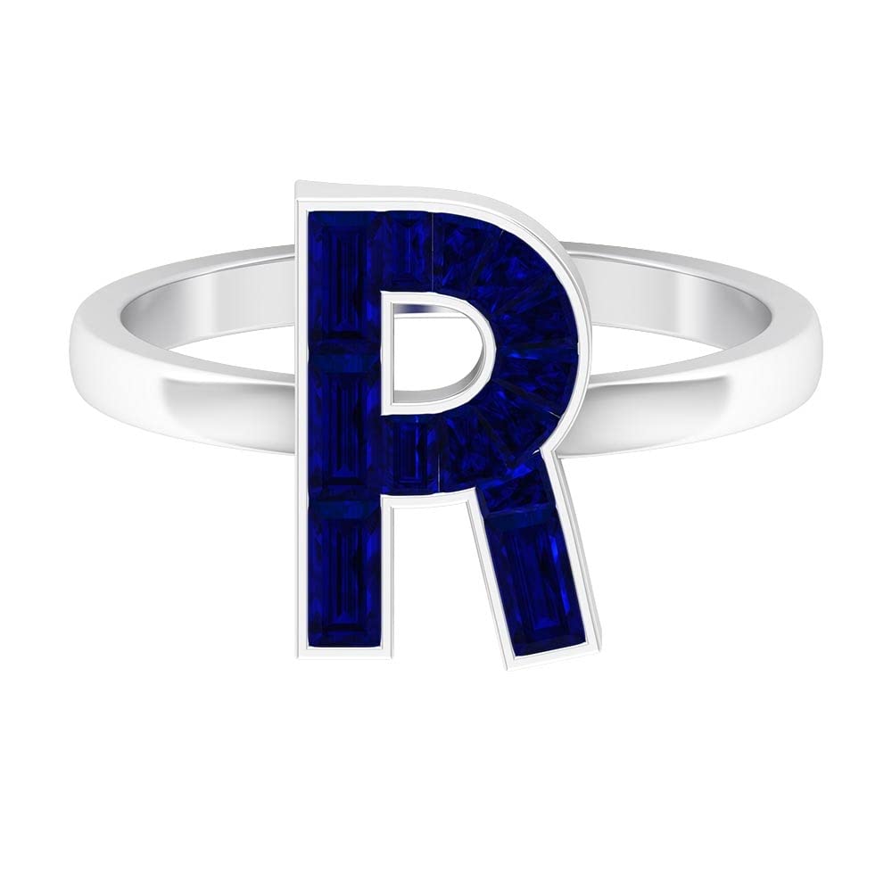 Lab Created Blue Sapphire Alphabet Rings A-Z | 14K White Gold Initial Letter Rings | Elegant Baguette Created Sapphire Jewelry for Women | Perfect for Gifts, Birthdays & Personalized Fashion Accessories