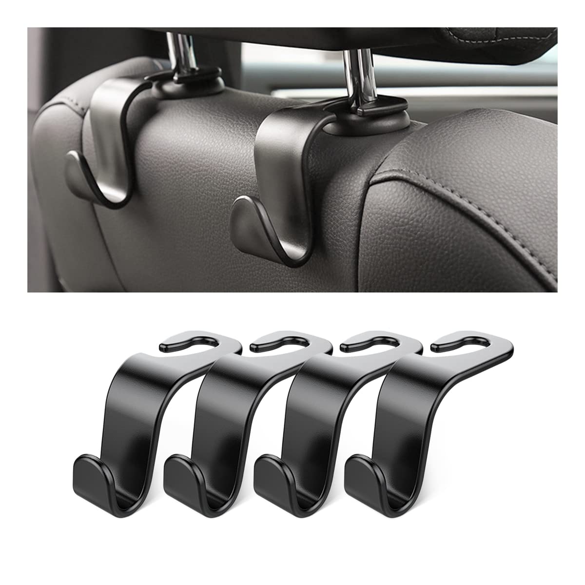 4 Pack Black Car Back Seat Headrest Hooks - Durable Hangers for Handbags, Clothes, Coats & Grocery Bags - Car Interior Organizer Accessories (Black) - Perfect for Road Trips, Shopping & Daily Commute