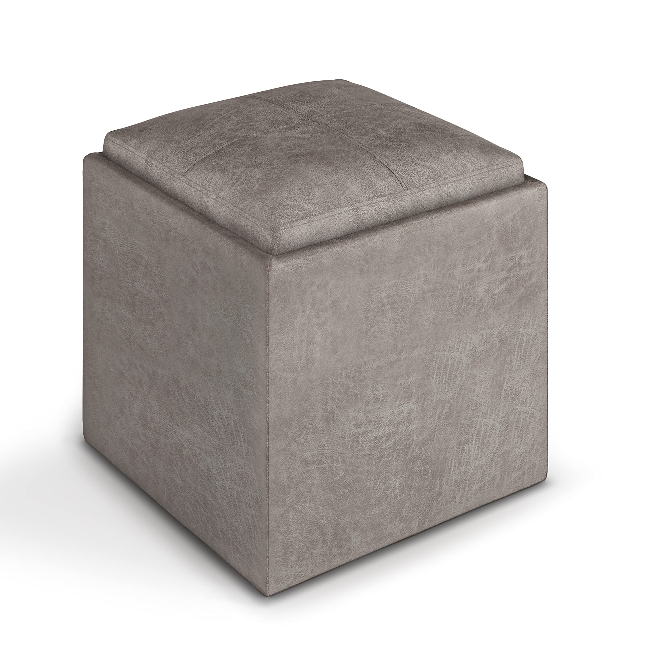 SIMPLIHOME Rockwood Wide Square Cube Storage Ottoman with Tray - 18 Inch, Taupe Vegan Faux Leather, Distressed Grey - Modern Living Room, Entryway & Family Room Furniture for Home Organization & Extra Seating