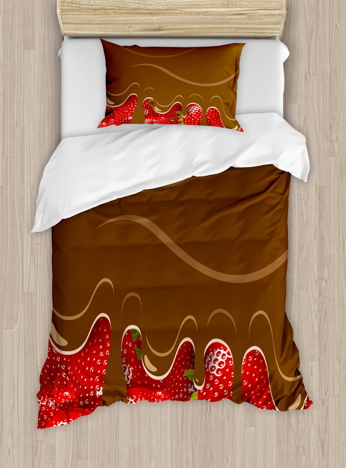 Ambesonne Strawberry Duvet Cover Set - Chocolate Dipped Strawberries Food Art Design, 2-Piece Twin Size Bedding Set with 2 Pillowcases (Brown/Red) - Perfect for Kids Rooms, Guest Bedrooms & Cozy Farmhouse Decor