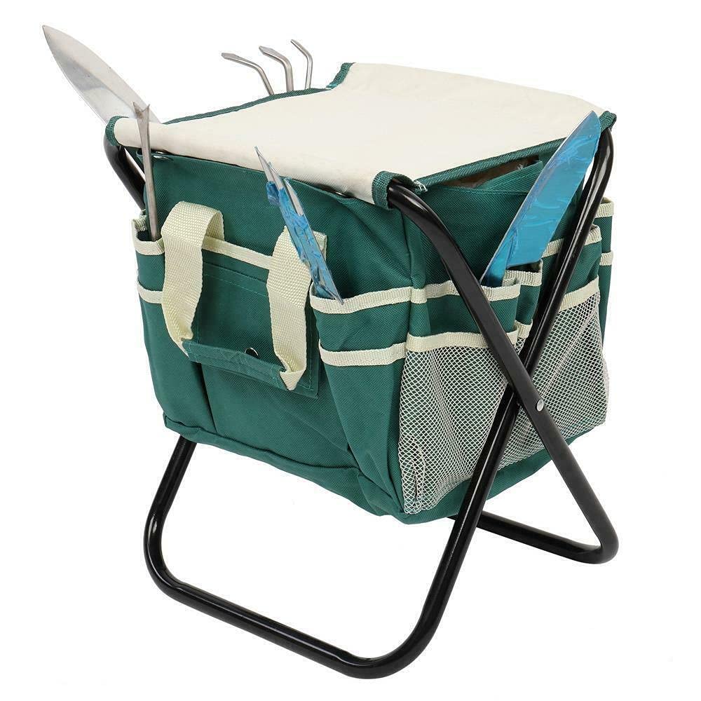 7Pcs Garden Tool Set with Folding Stool & Storage Organizer - Durable Gardening Tools Kit for Planting, Weeding, Digging - Perfect Gardening Gifts for Women & Men - Ideal for Backyard, Lawn, and Flower Bed Care