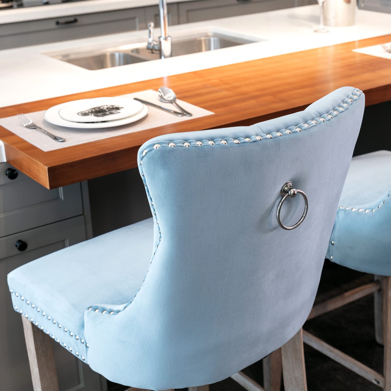 LZ LEISURE ZONE 2-Piece Velvet Upholstered Counter Height Bar Stools Set - Button Tufted Decor, Chrome Nailhead Trim & Back Ring, 27.2