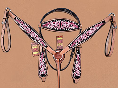 HILASON Western Horse Headstall & Breast Collar Set - Genuine American Leather in Pink | Durable Leather Headstall & Breast Collar | Complete Horse Tack Set for Western Riding | Perfect for Trail Rides, Shows & Ranch Work
