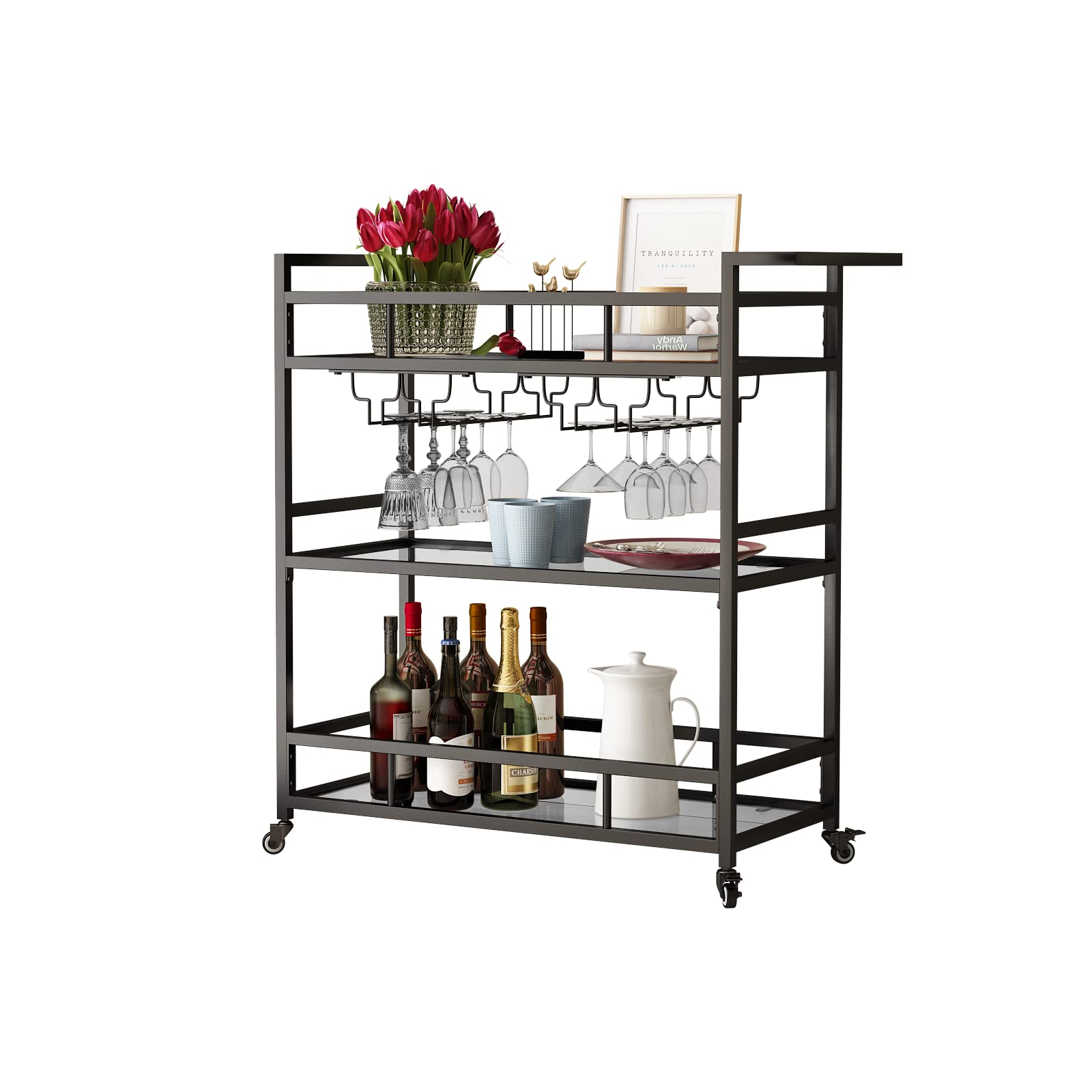 Black Metal Bar Cart with 3-Tier Glass Shelves - Rolling Serving Cart with Wine Rack & Glass Holder - Industrial Mobile Bar Cart for Kitchen, Living Room, Patio - Perfect for Home Entertaining & Outdoor Parties
