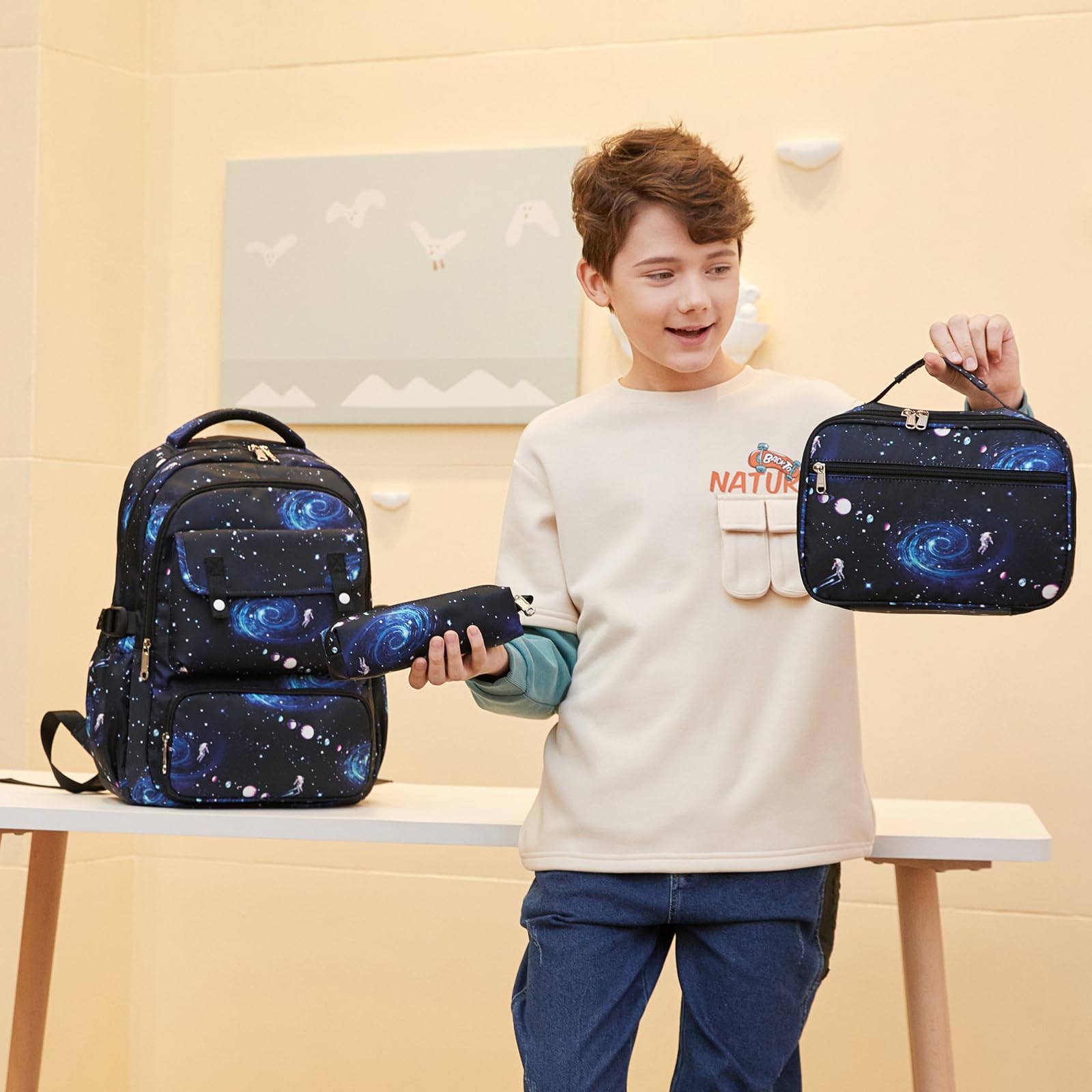 Galaxy Backpack for Boys - Durable School Backpack with Lunch Box & Pencil Case | Elementary Bookbag for Kids | Perfect for School, Travel & Outdoor Adventures