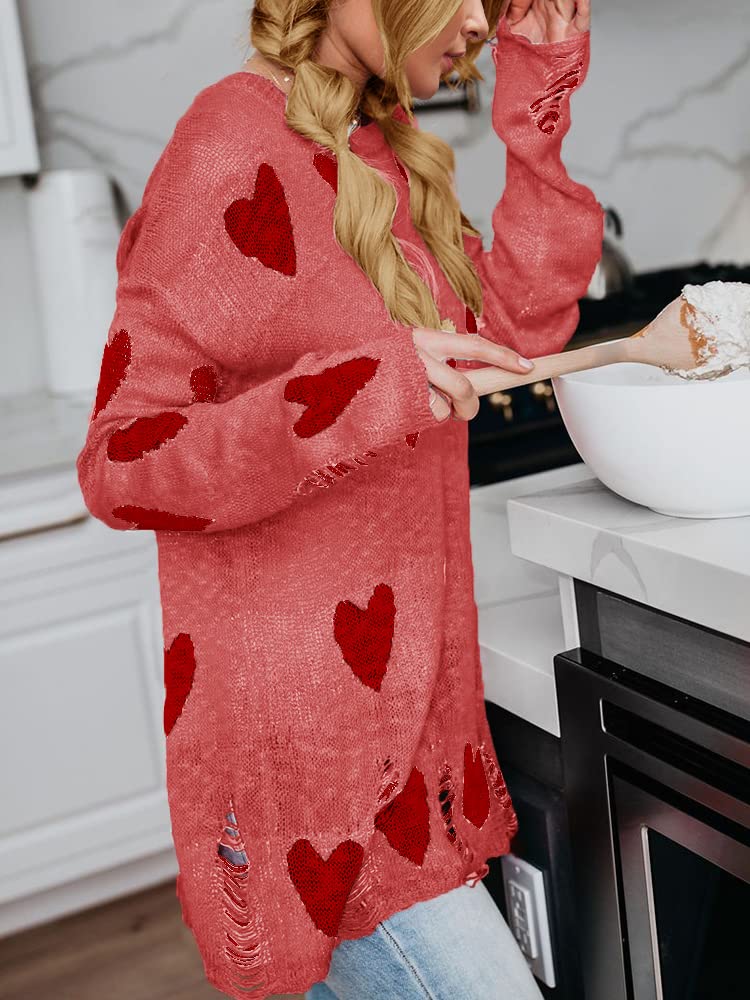 Tutorutor Women's Cute Love Heart Print Sweater - Oversized Off Shoulder Loose Knit Valentine Pullover Blouse Top for Casual Wear, Date Night & Valentine's Day Outfits
