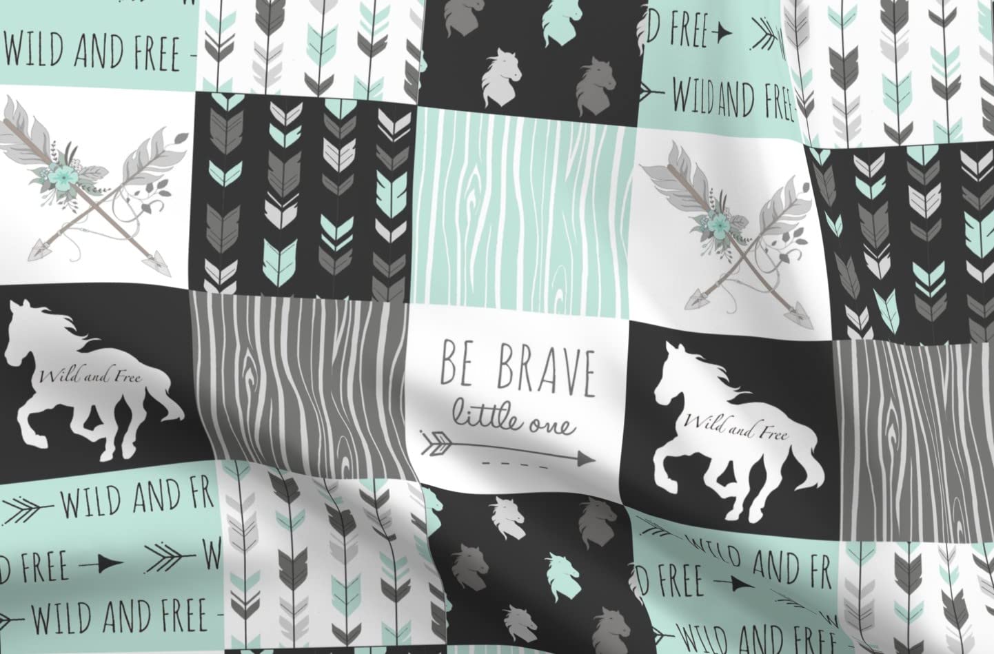 Premium Minky Fabric Fat Quarter - Wild Horses & Arrows Print in Aqua, Black, Grey & White - Soft Plush Material for Baby Blankets, Quilt Backing & Sewing Projects | DIY Nursery Decor, Home Decor & Crafting