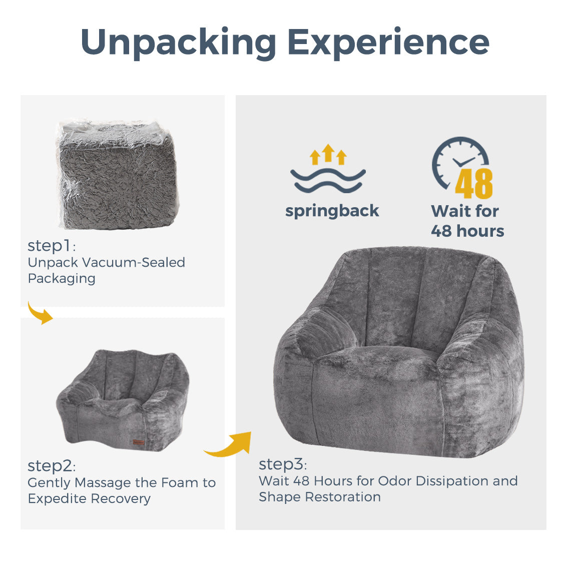 MAXYOYO Faux Fur Bean Bag Chair with High Backrest - Grey, Oversized Comfortable Lounge Chair for Living Room, Bedroom, Dorm, or Game Room - Perfect for Relaxing, Reading, and Gaming