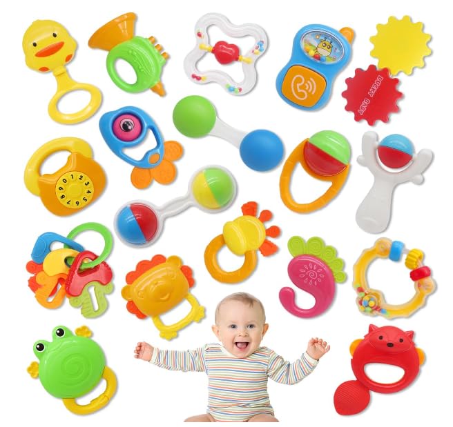 QIZEBABY 21pcs Baby Rattle & Teething Toys Set - Infant Developmental Toys for 0-3-6-12 Months - Newborn Baby Shower Gifts for Boys & Girls - Perfect for Soothing Gums & Sensory Play