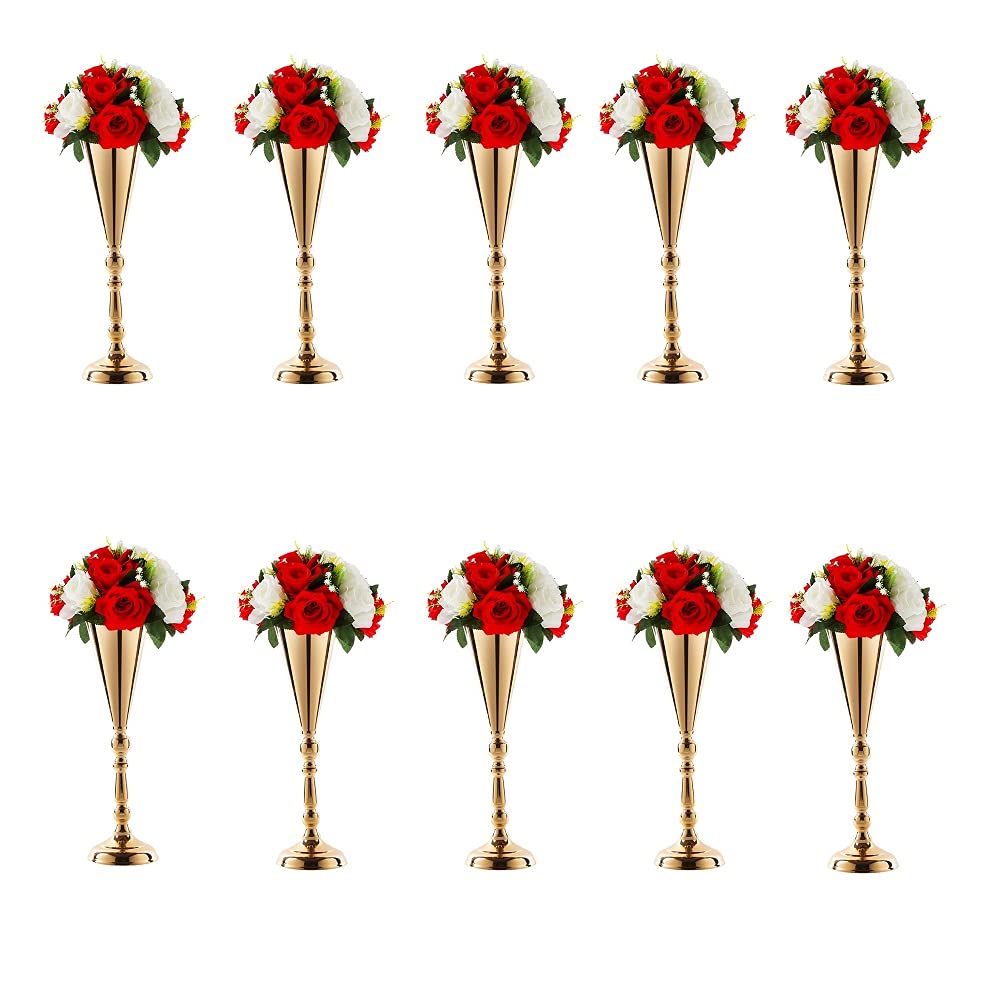 10pcs Gold Metal Wedding Flower Trumpet Vases - Elegant Tabletop Centerpieces for Wedding Decor, Party Events & Home Living Room Decoration (10×L) - Perfect for Bridal Showers, Anniversary Celebrations & Romantic Dinner Settings