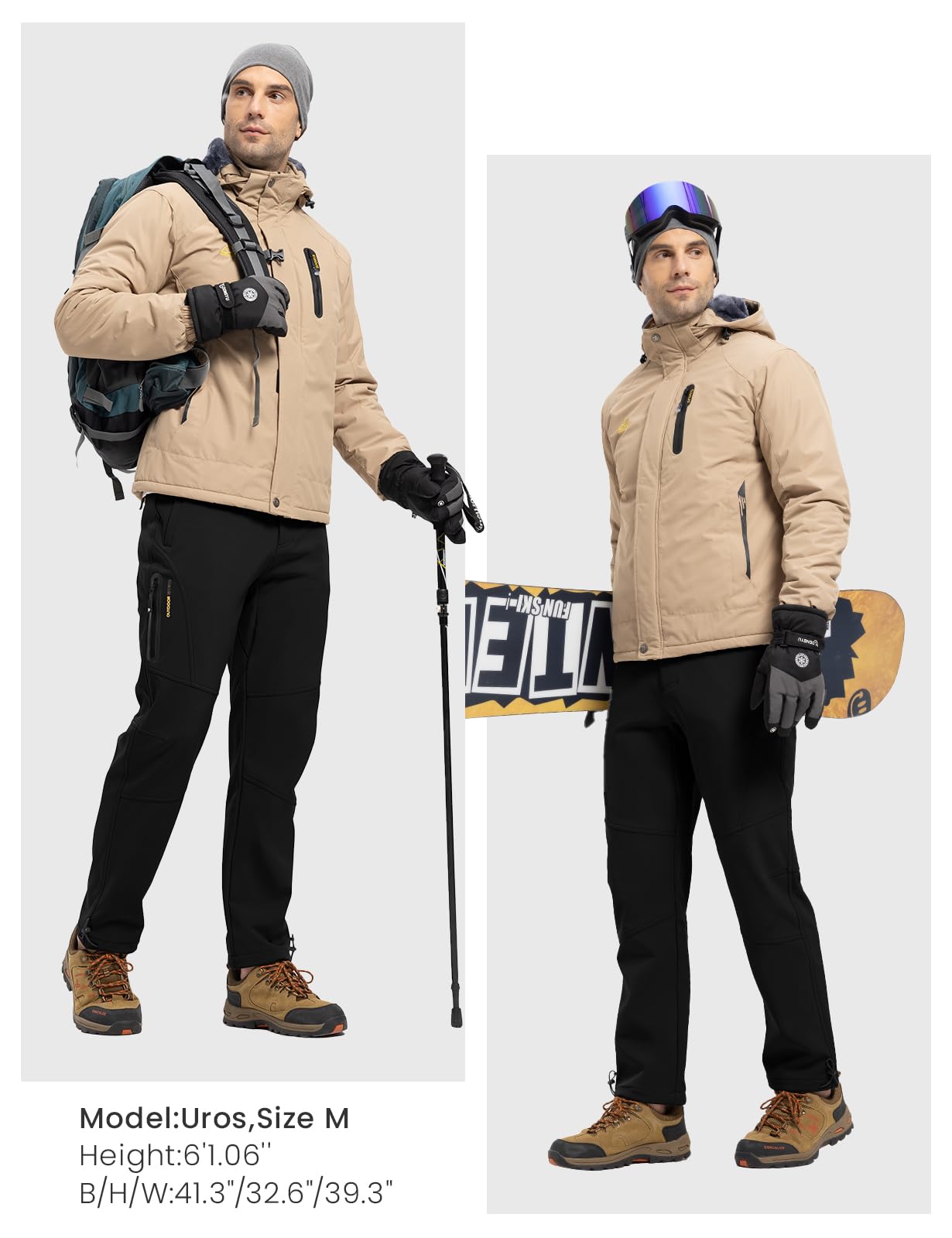 Rdruko Men's Waterproof Insulated Snow Pants - Winter Hiking, Snowboarding & Skiing Fleece-Lined Softshell Pants for Cold Weather Outdoor Activities