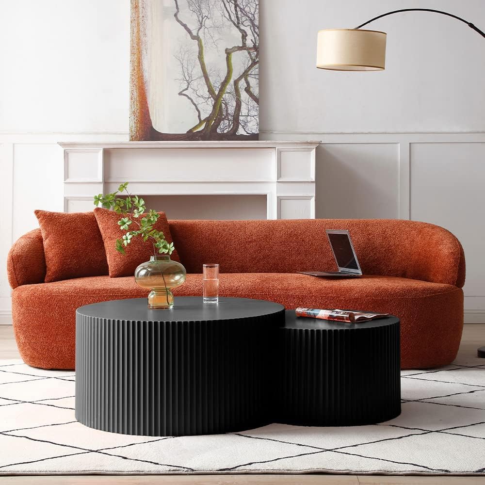 JUSTONE 2-Piece Nesting Coffee Table Set - Modern Matte Black Round Drum Side Tables for Living Room, Apartment, Bedroom - Space-Saving End Tables for Small Spaces & Home Decor (Black) | Perfect for Coffee, Books & Living Room Essentials